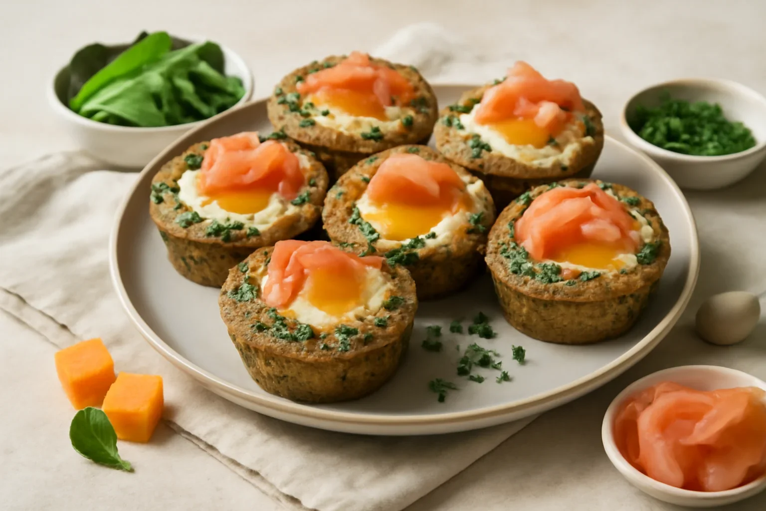 Muffins cu ouă, spanac și somon afumat