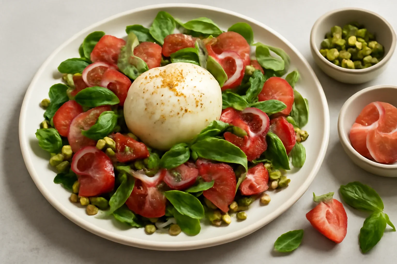Salată de vară cu burrata, căpșuni și busuioc