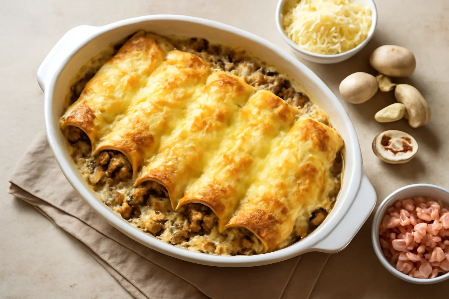 Clatite cu ciuperci si sunca gratinate la cuptor