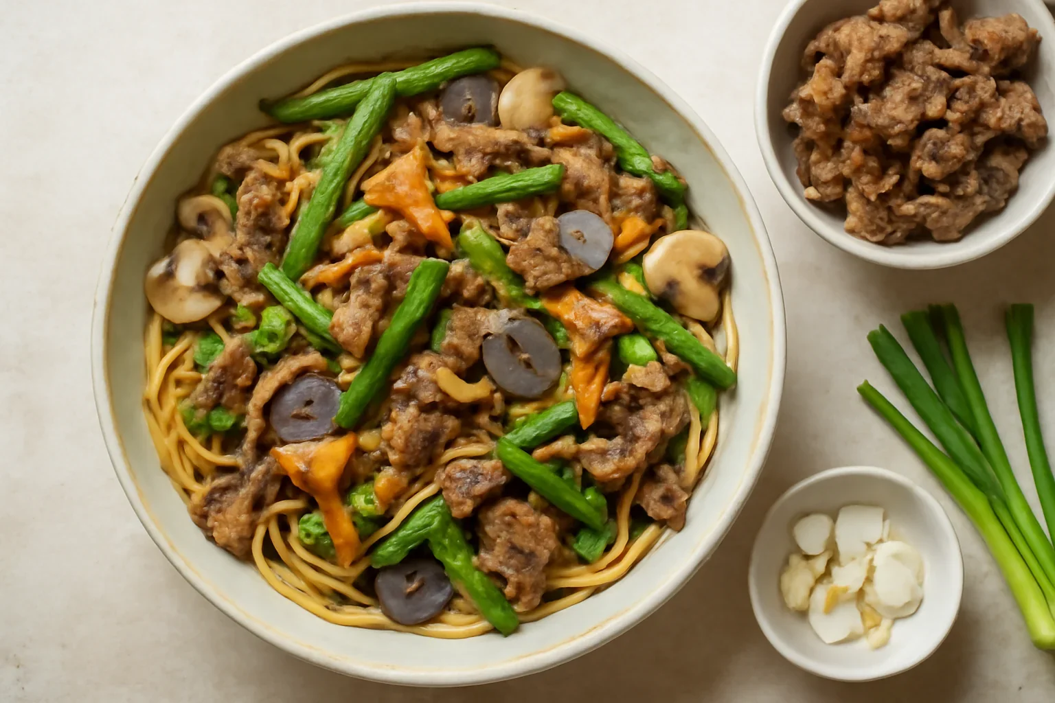 Noodles cu rata, ciuperci si sparanghel