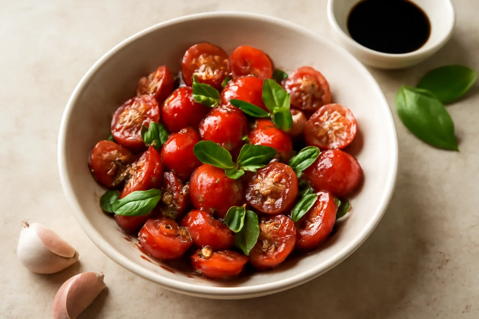 Salata de rosii cherry cu usturoi, busuioc si otet balsamic