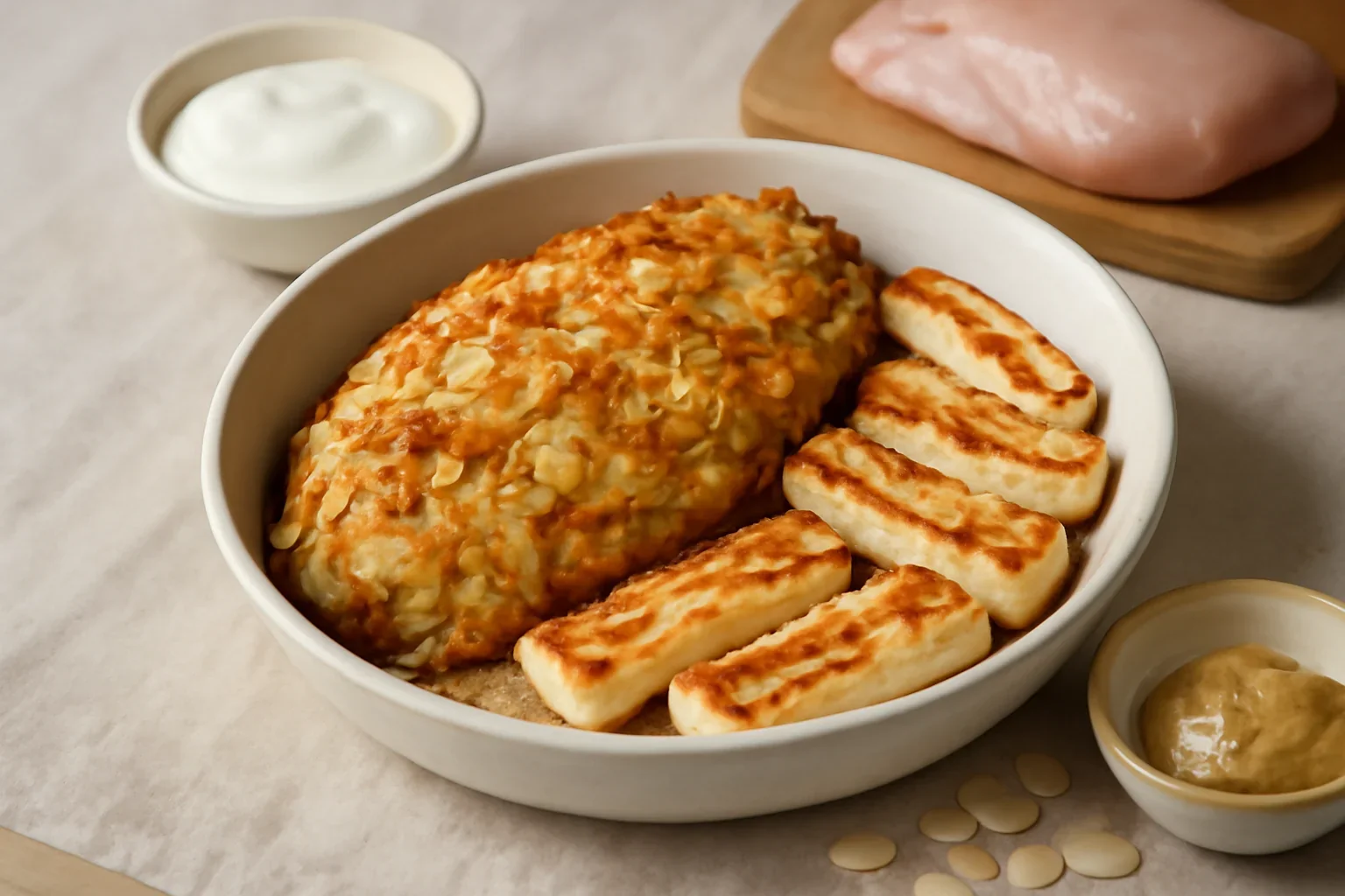 Șnițel de pui în migdale și halloumi