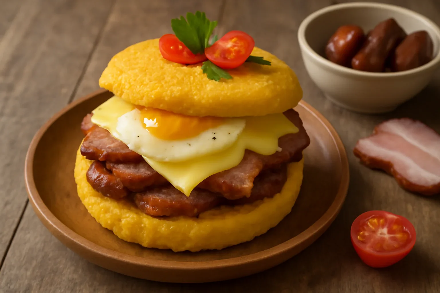Hamburger romanesc cu afumatura si carnati de casa