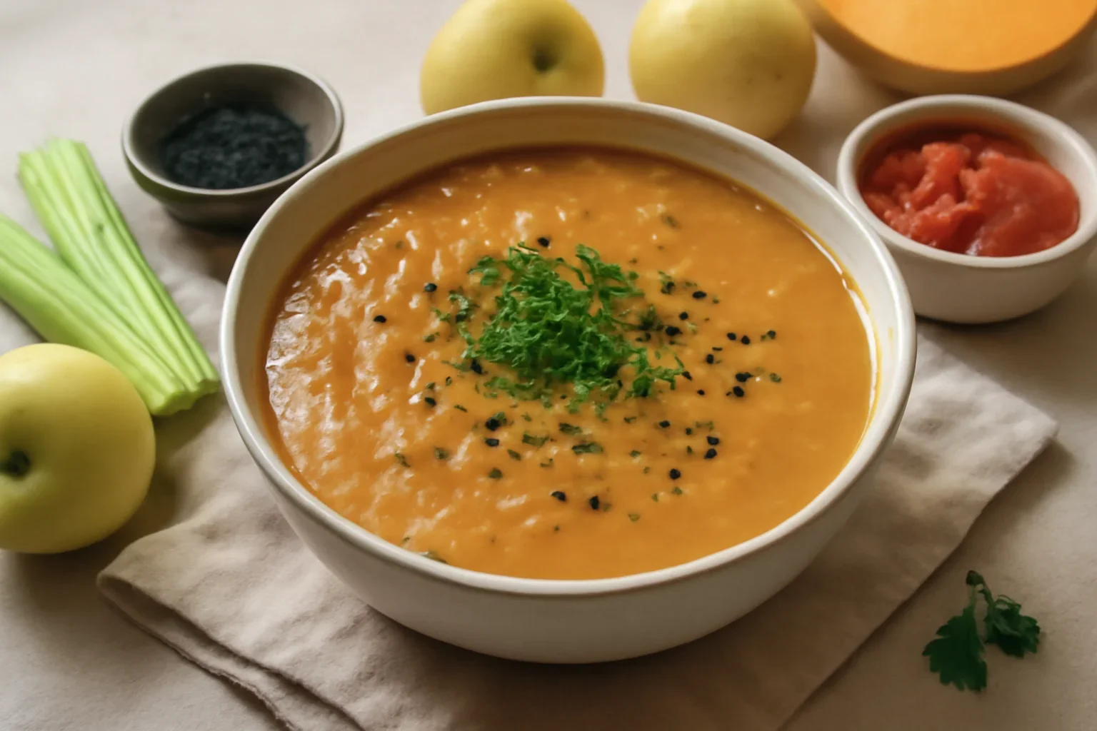 Supă de dovleac cu curry și semințe de negrilică