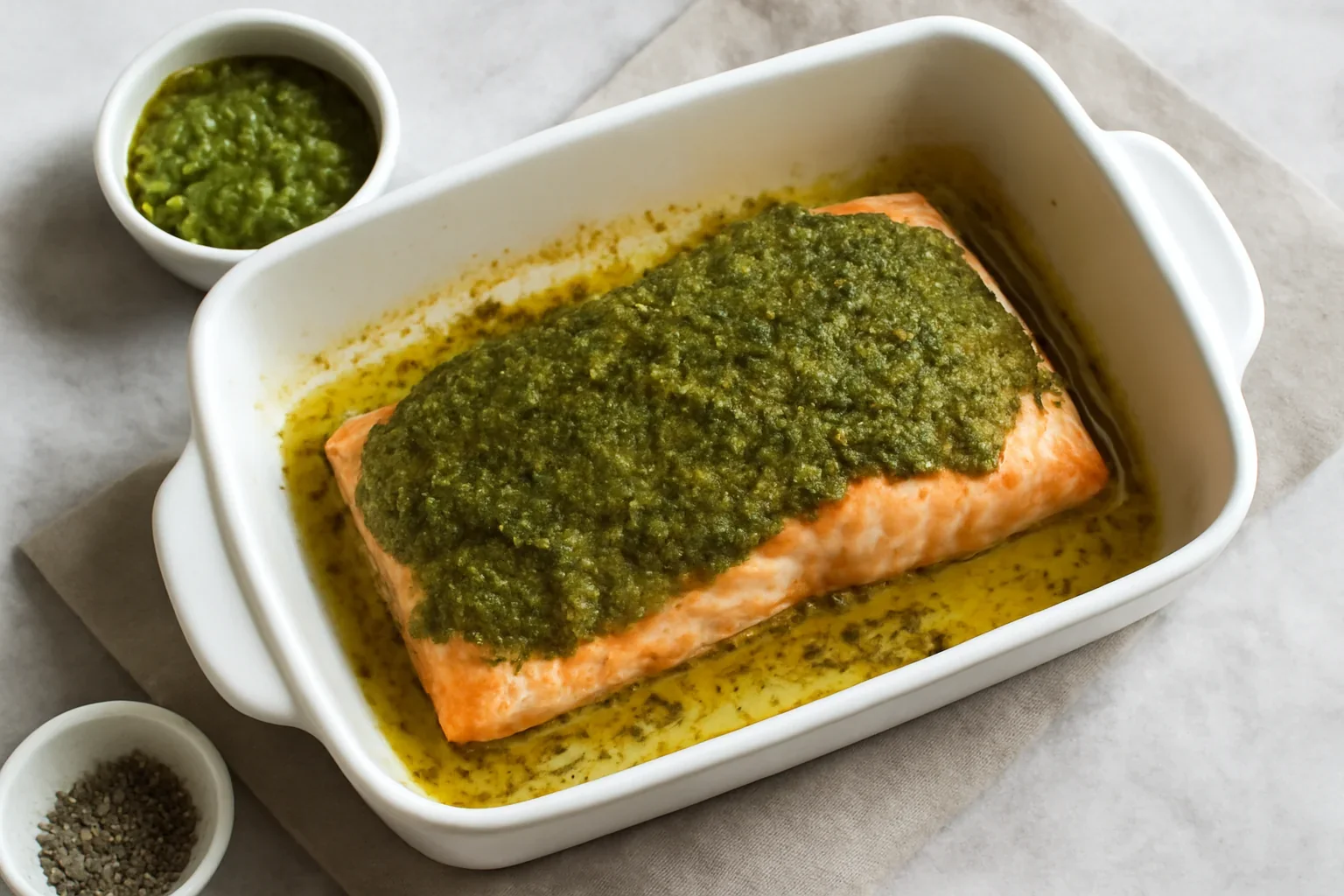 Somon cu sos pesto la cuptor, reteta italiana