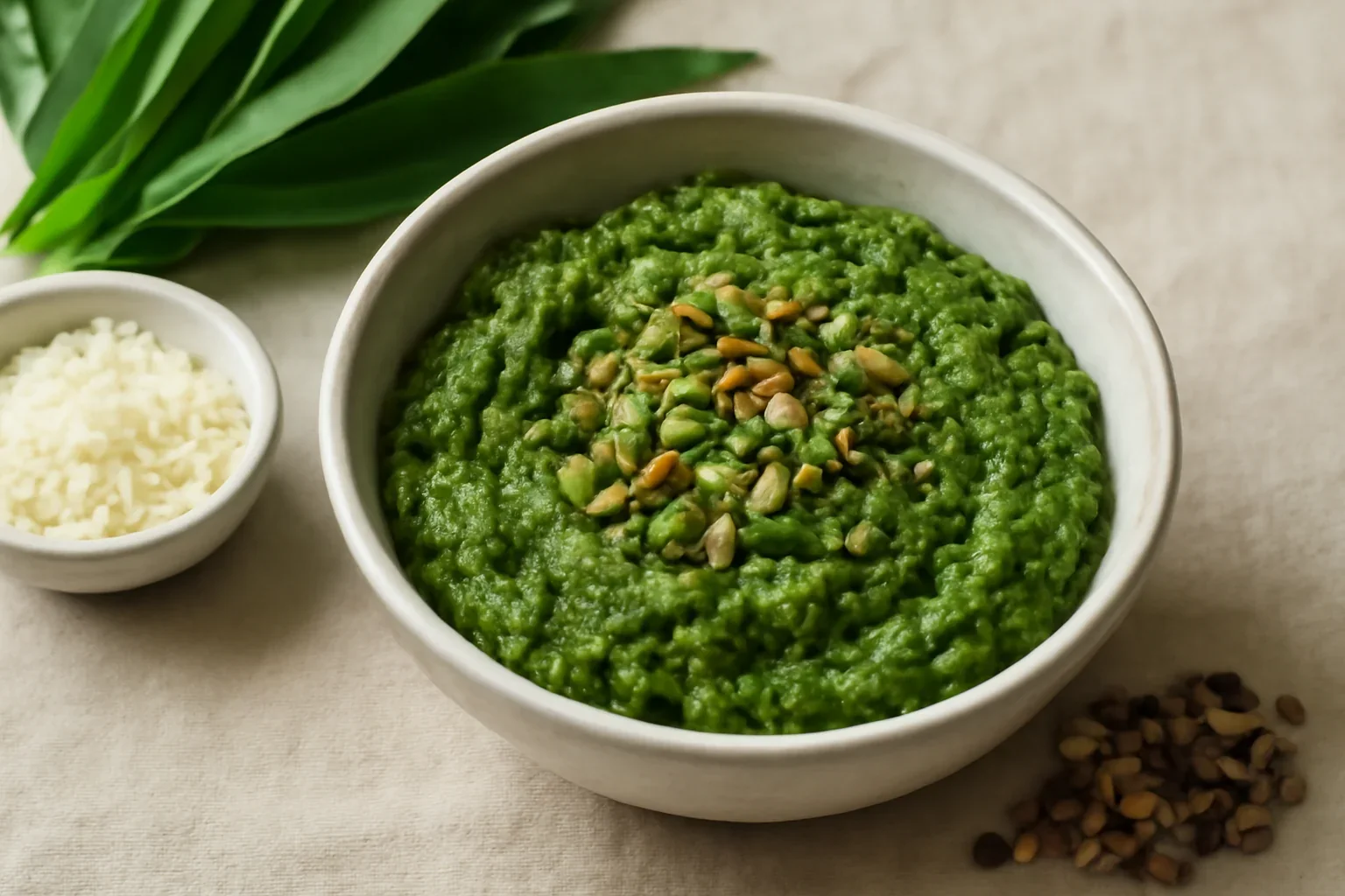 Pesto de leurda cu parmezan si seminte – pentru paste, bruschette, pogacele, melcisori