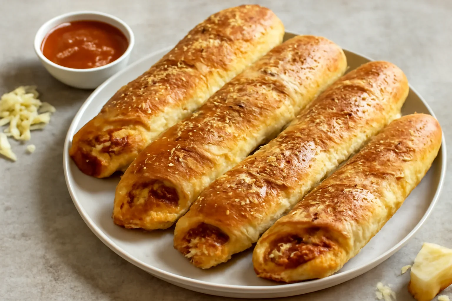 Baghete umplute cu brânză mozzarella, cabanos și sos de roșii la cuptor – rețeta de pizza rulată