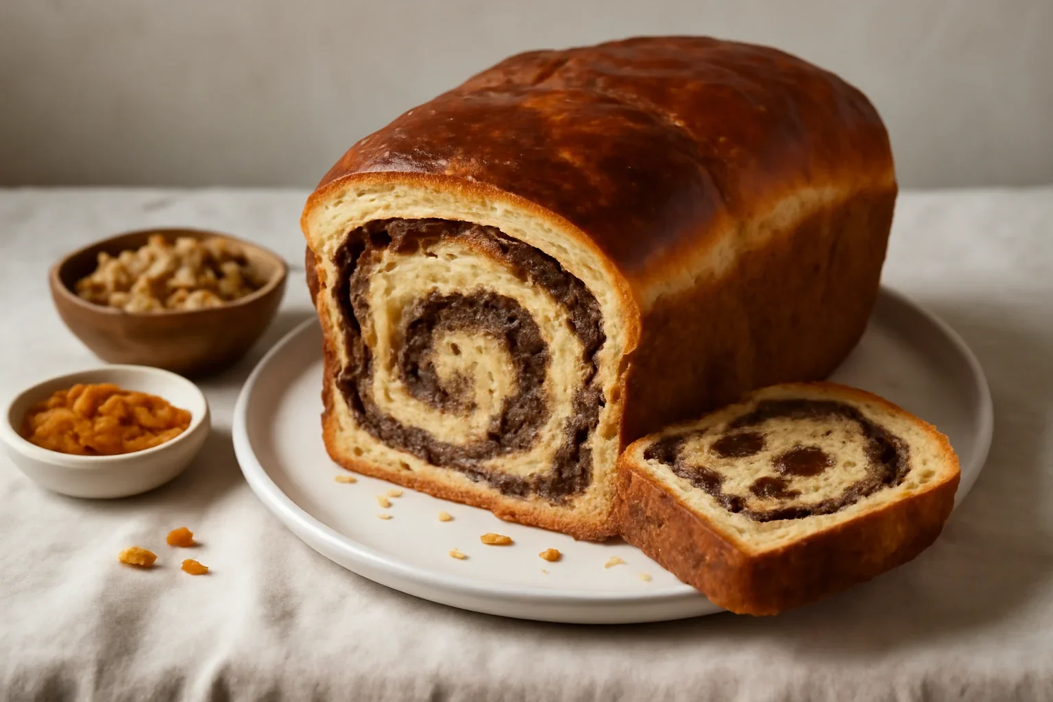 Cozonac pufos cu smântână și cu multă umplutură de nucă, stafide, cacao