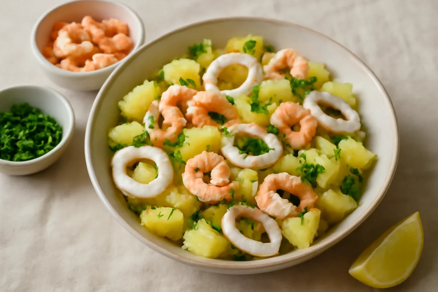 Salata de cartofi cu inele de calamar si creveti