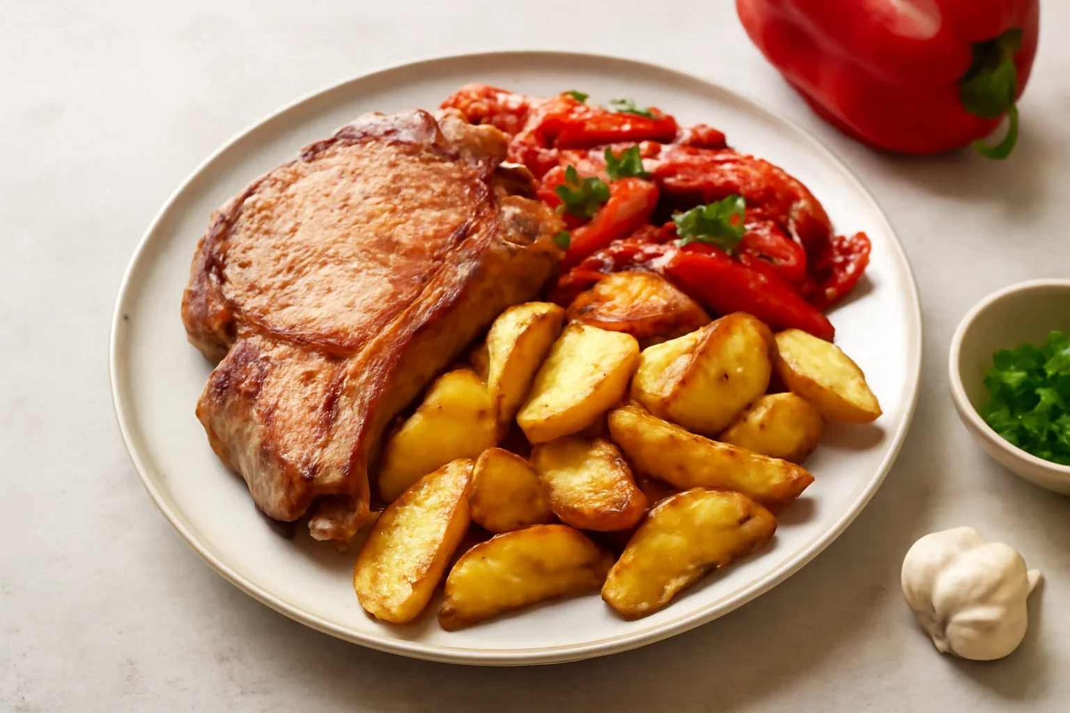 Cotlet de porc rumen, cartofi aurii și salată de ardei copți – totul la Air Fryer – video