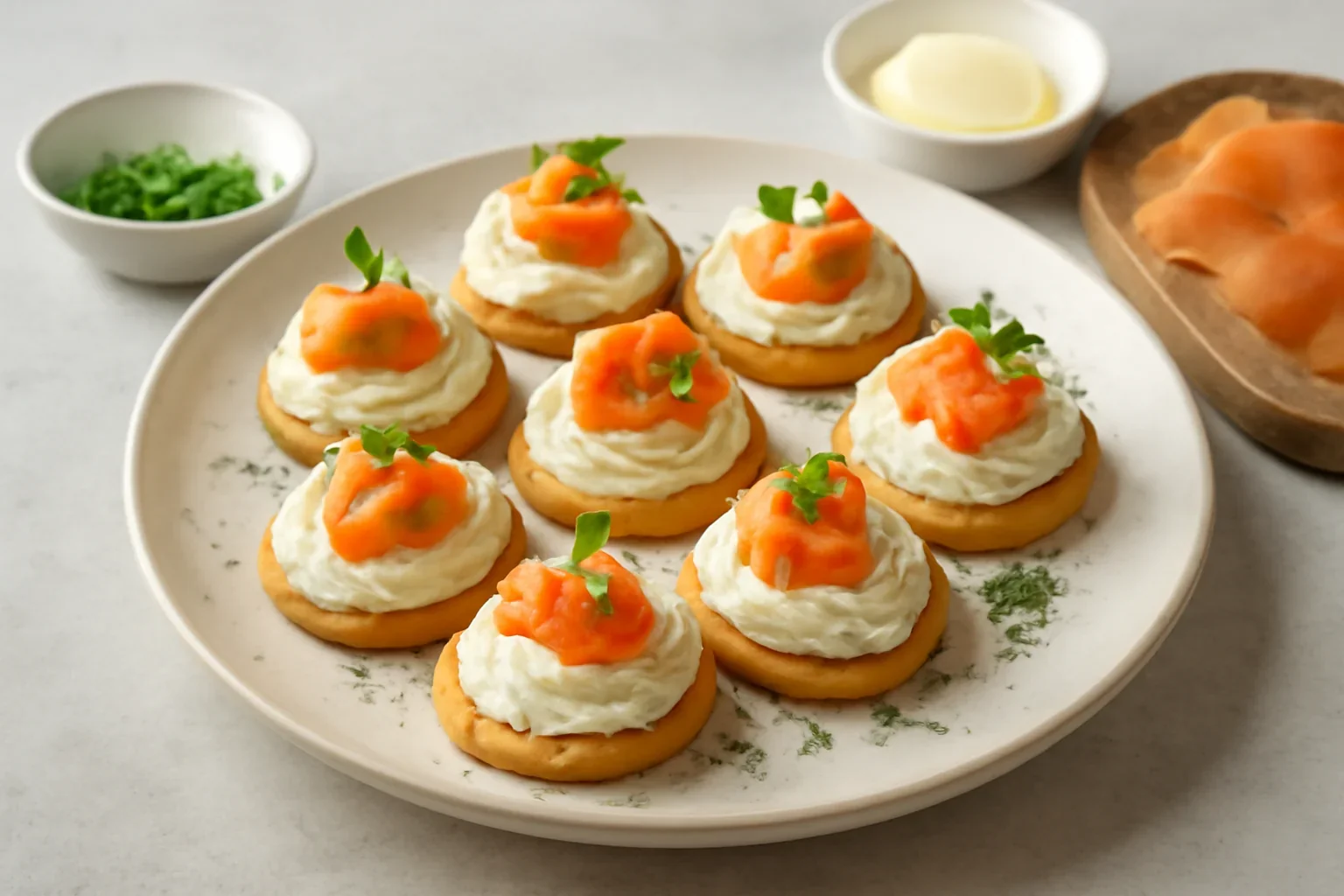 Biscuiti sarati cu crema de branza si somon afumat