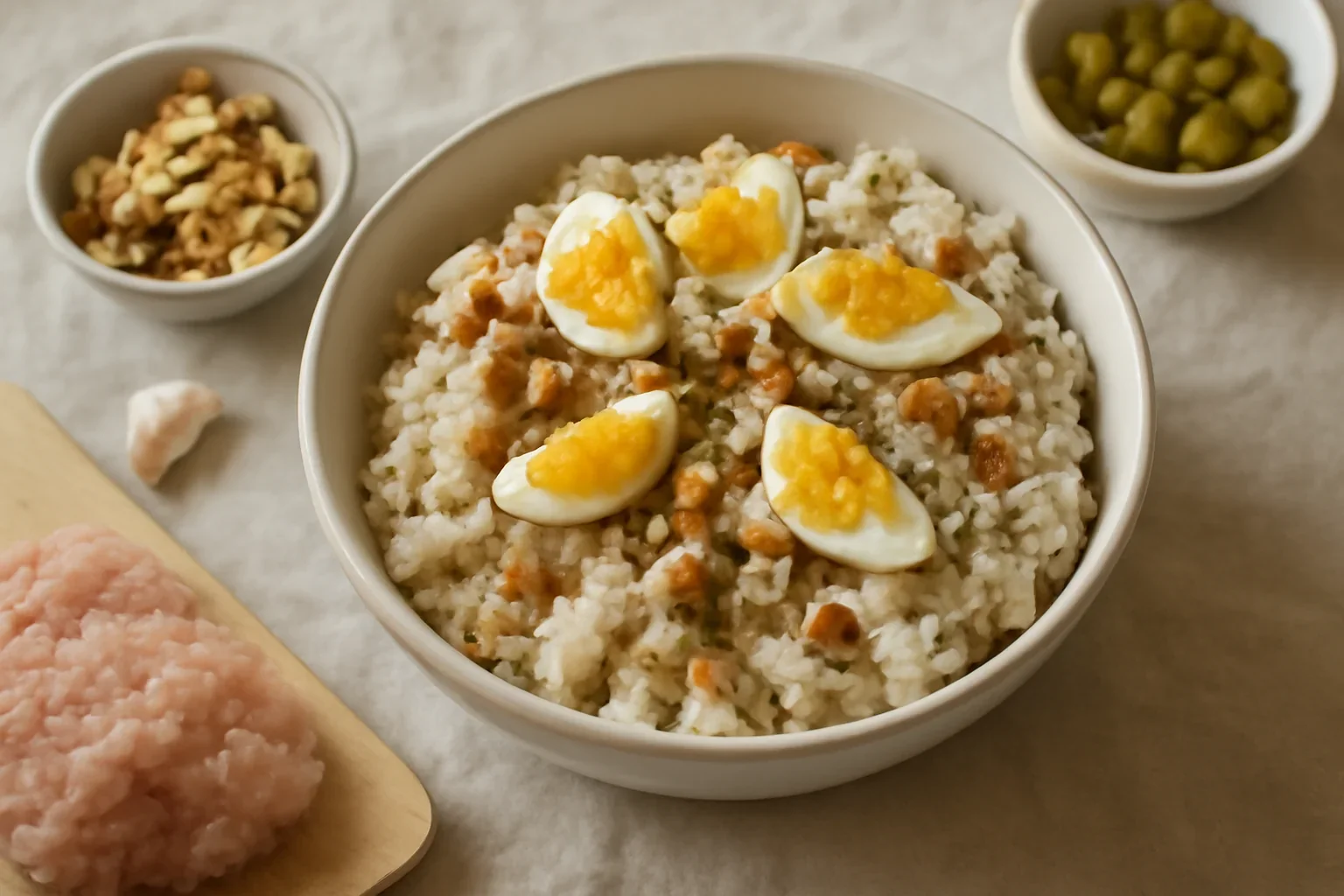 Salata cu piept de pui, oua, nuca si castraveti murati