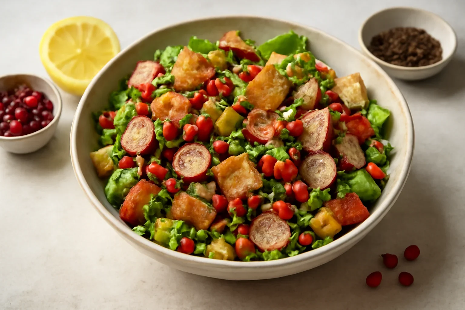 Salată Fattoush cu legume de vară, lipie crocantă și rodie