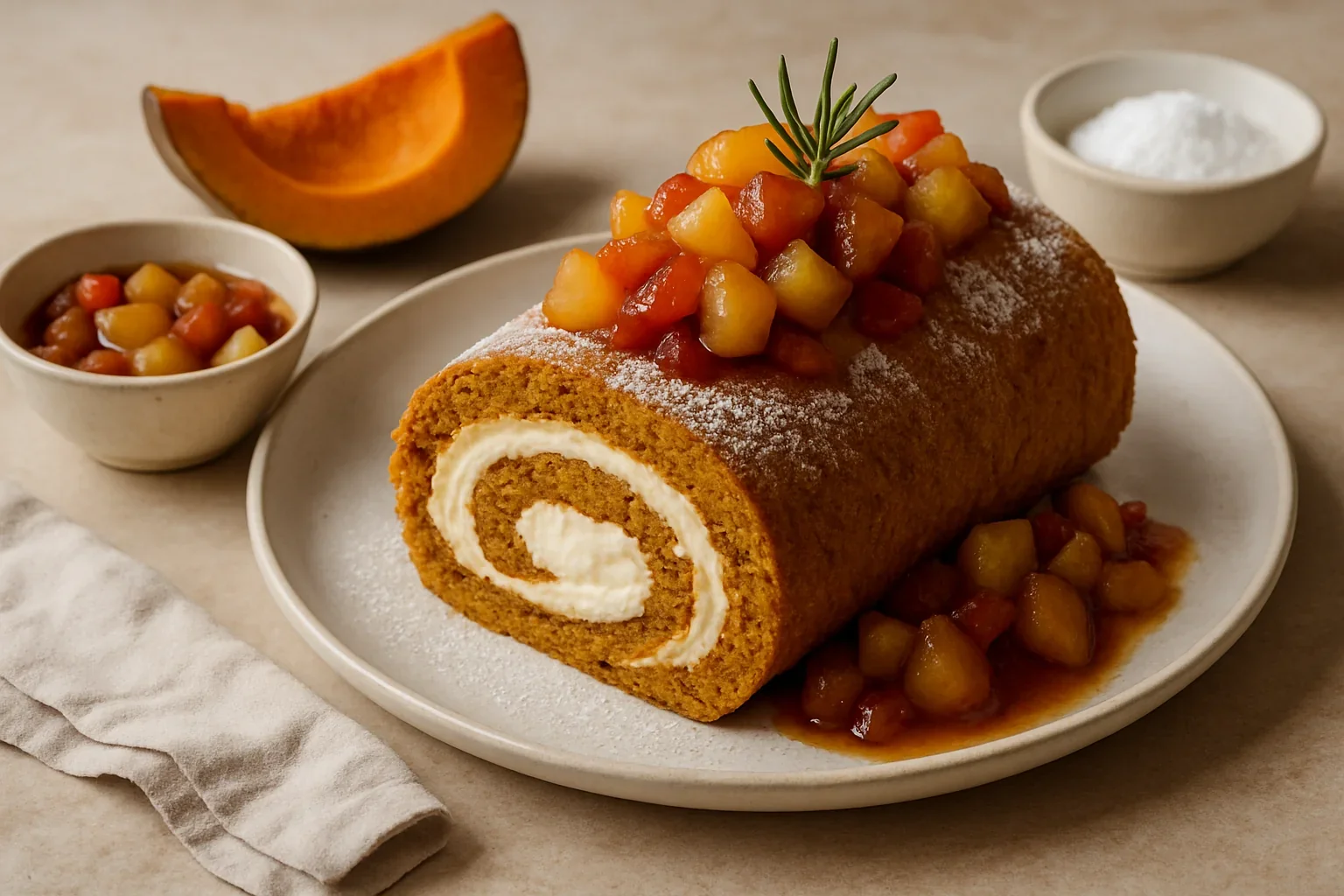 Ruladă cu dovleac, crema mascarpone și compot de fructe