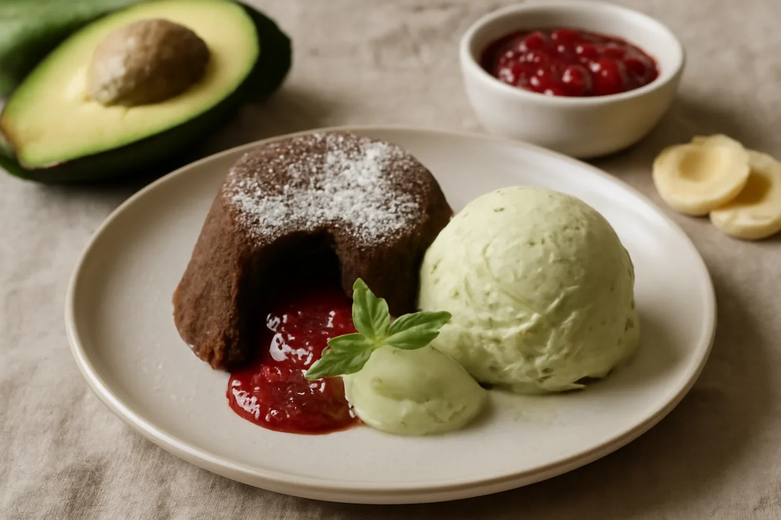 Lava cake cu gem de zmeură şi îngheţată de avocado