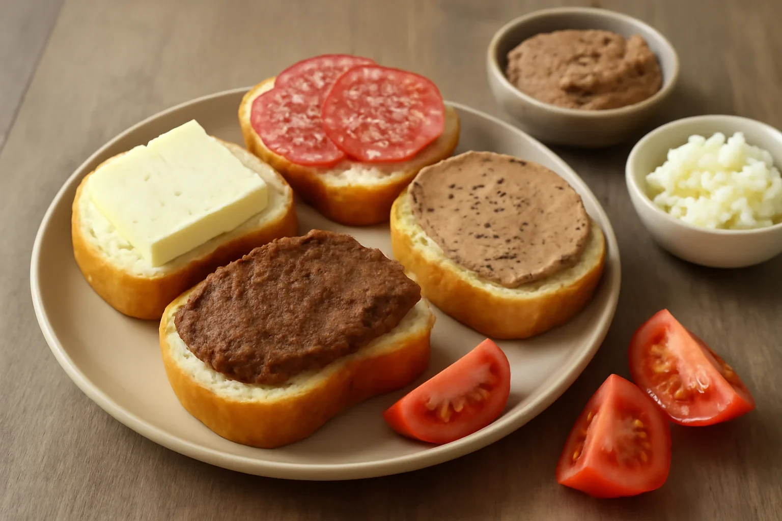Tartine cu branza, salam, pate de ficat, pasta de mici