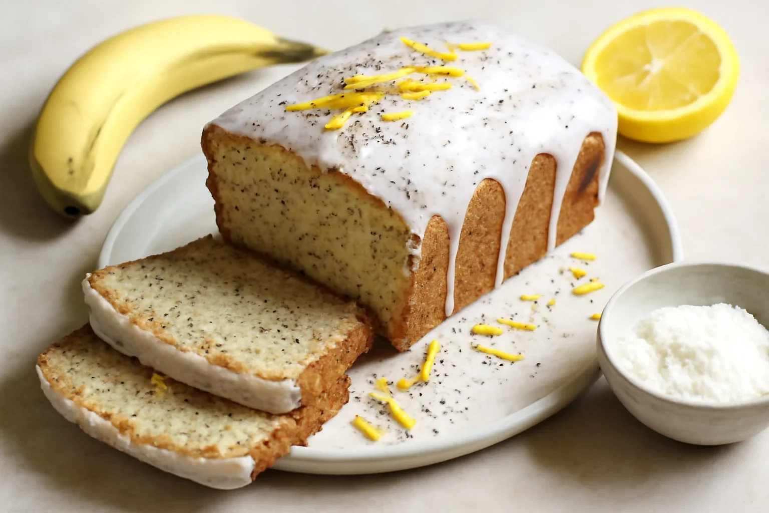 Chec cu lămâie, mac și banane – rețeta de Lemon Banana Bread cu glazură