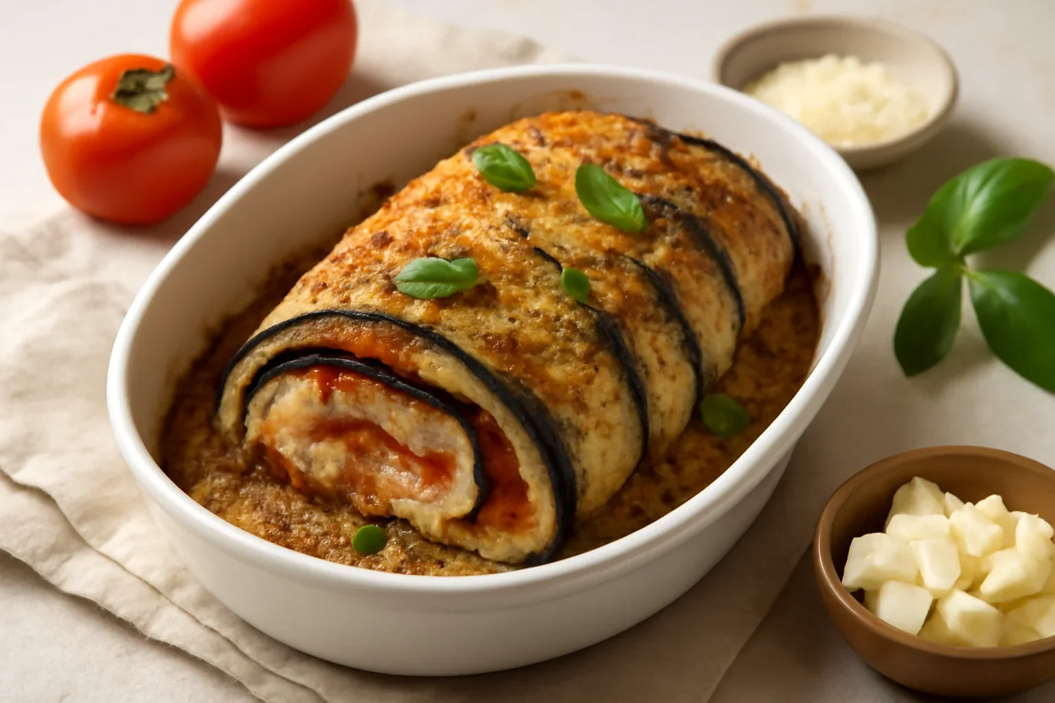 Rulada cu vinete, mozzarella si rosii