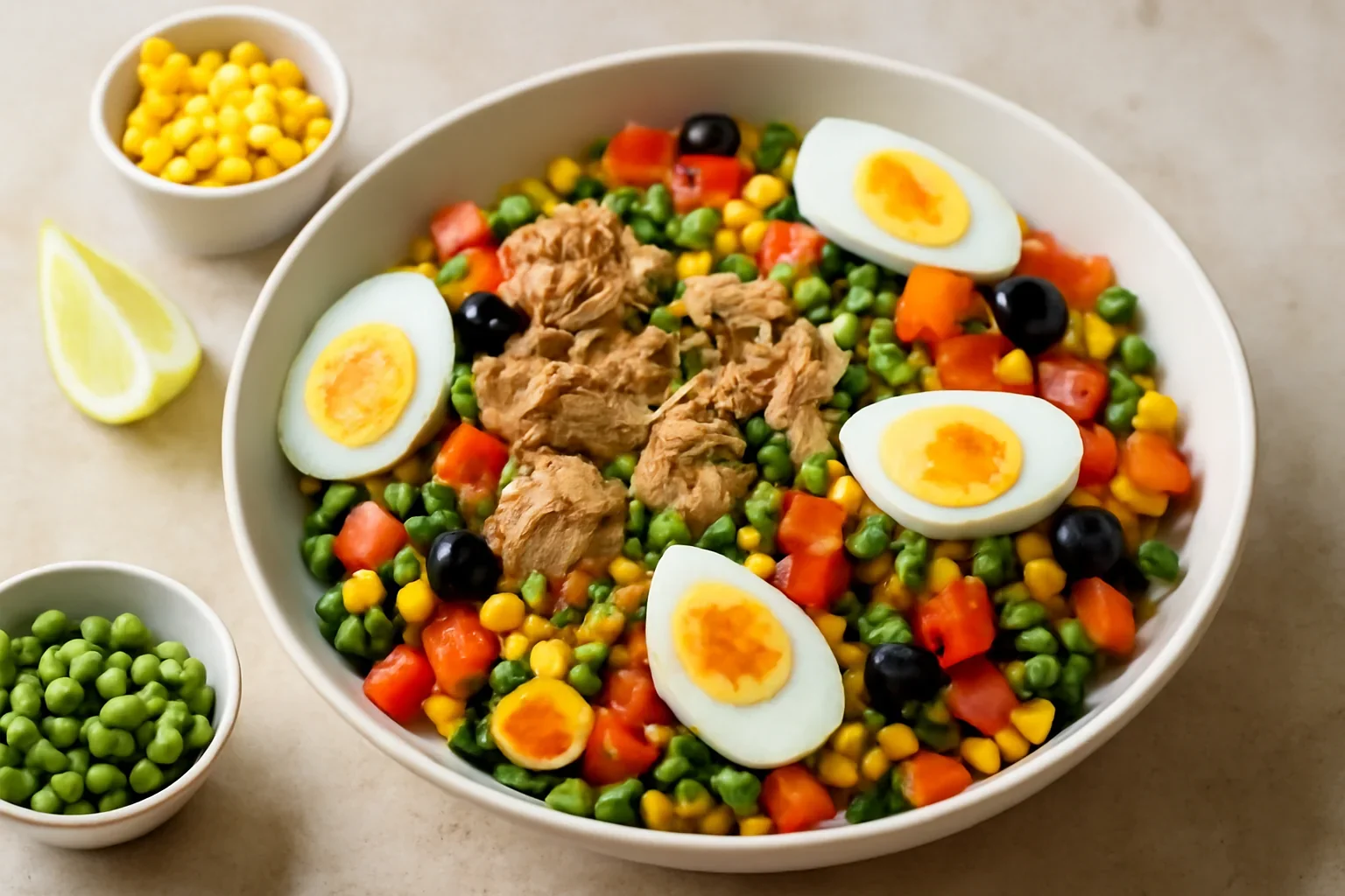 Salată California cu ton, legume și ouă fierte