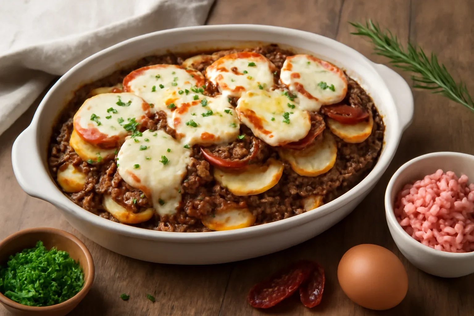 Cartofi cu carne tocata si rosii la cuptor