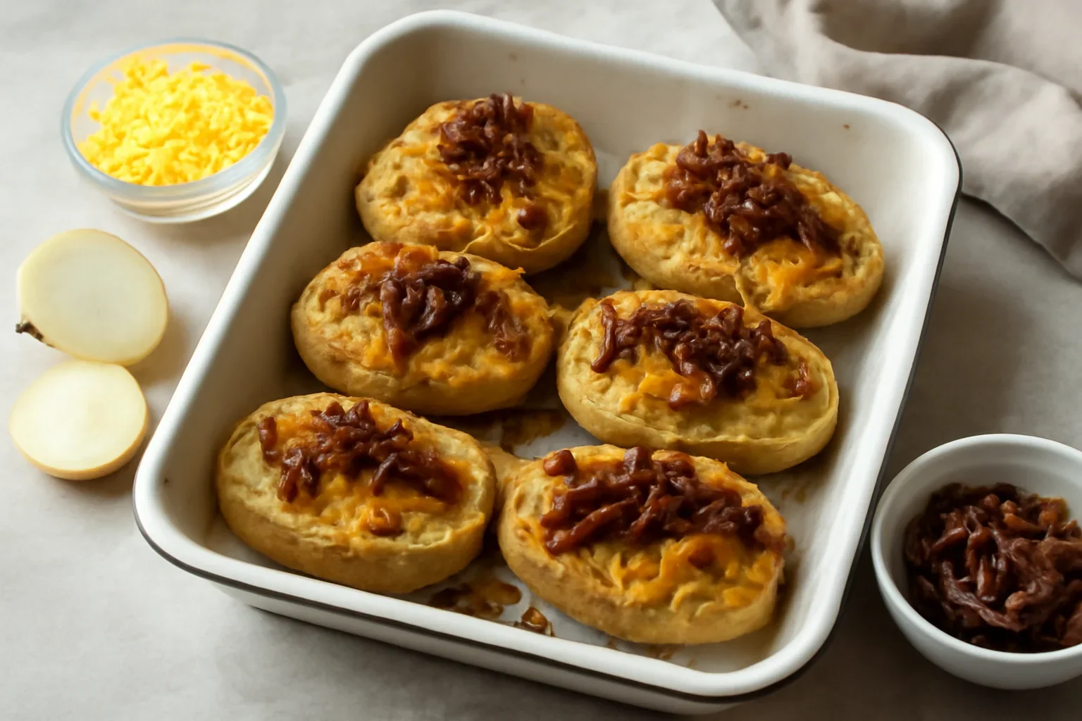 Cartofi umpluti cu Cheddar si ceapa caramelizata – la cuptor