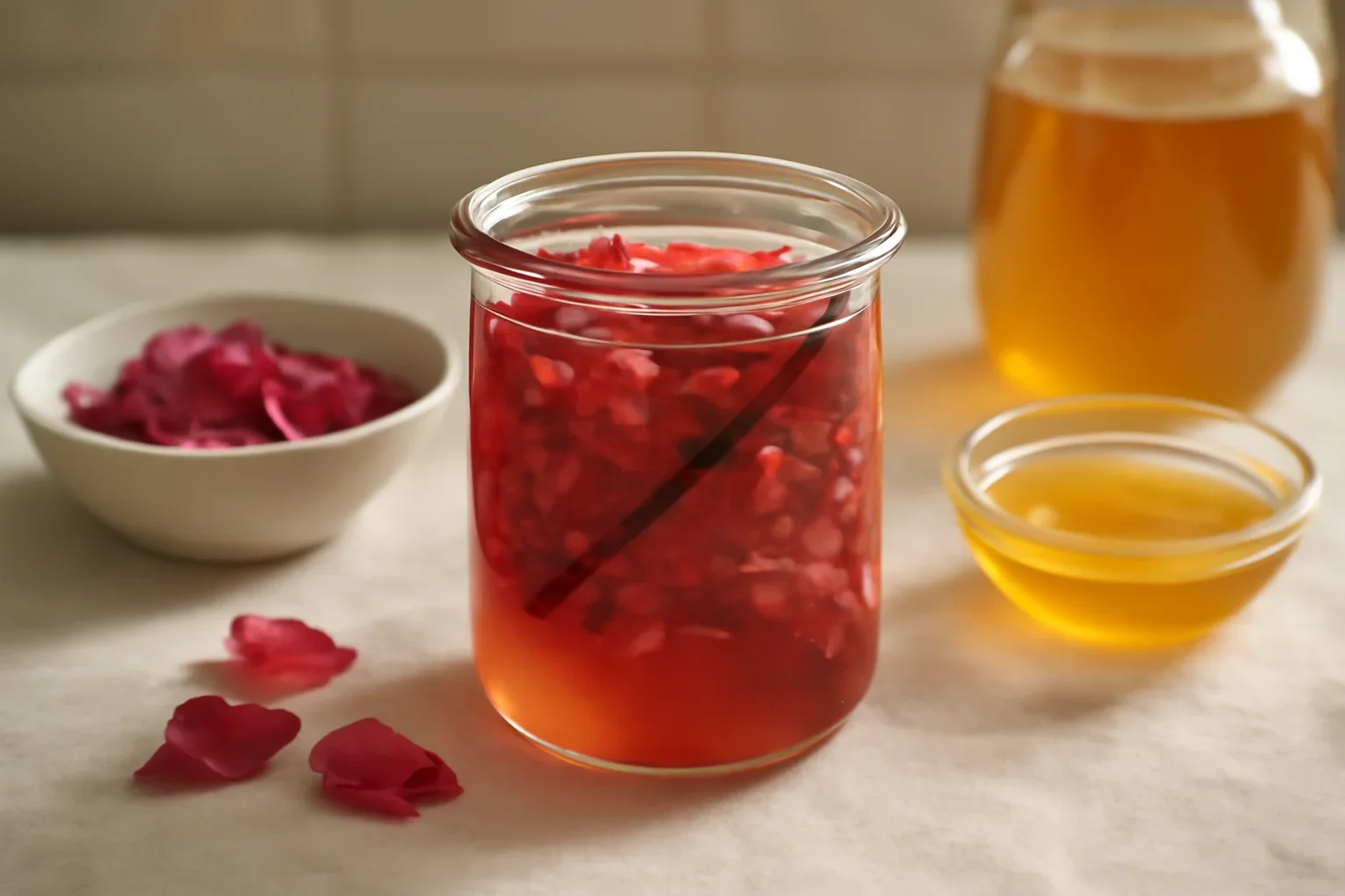 Sirop natural de trandafir, facut la rece, cu miere de albine