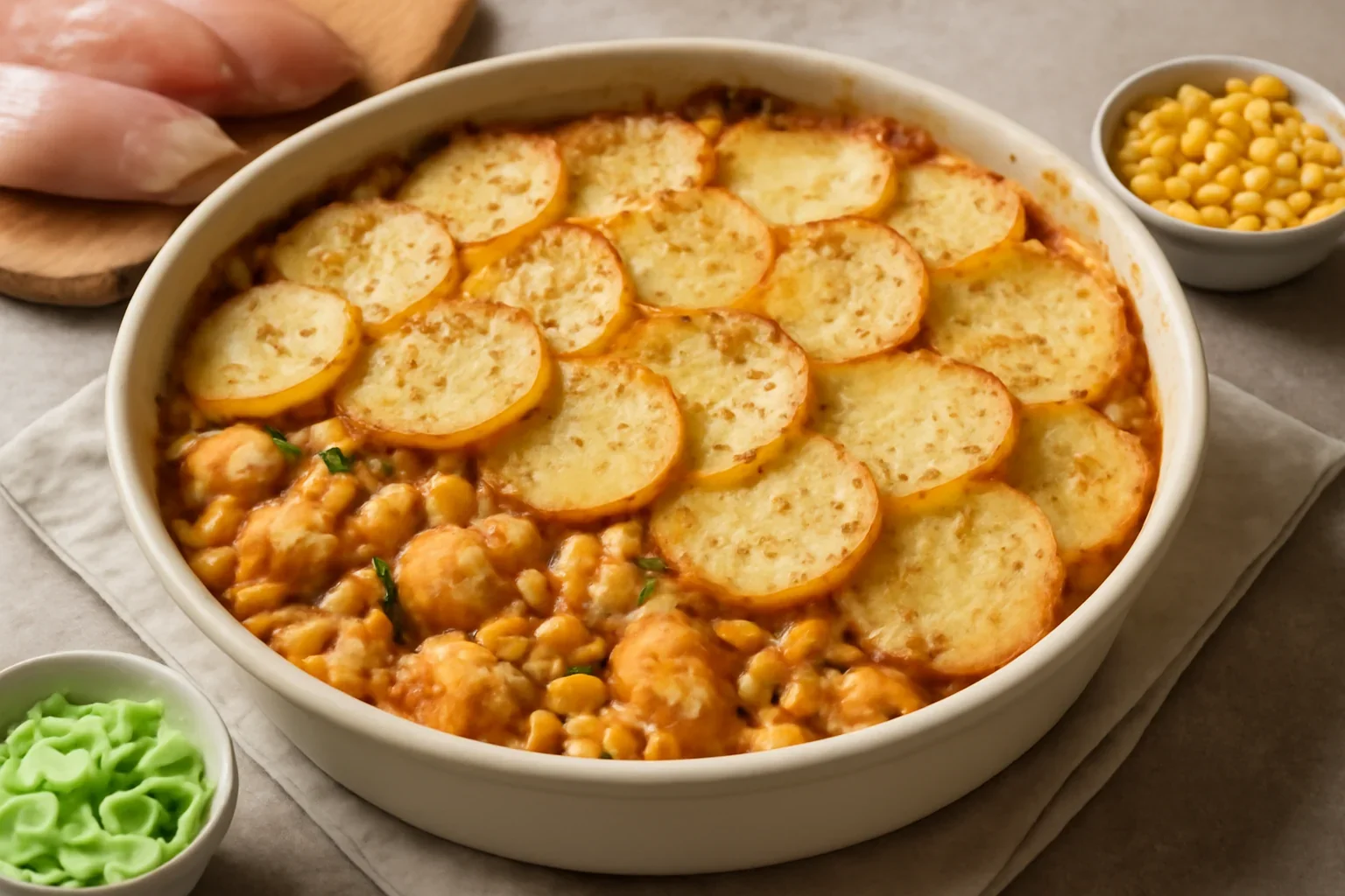 Gratin de cartofi cu pui, praz și porumb