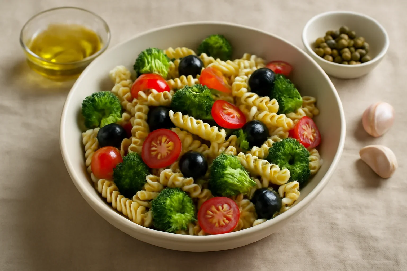 Salata de paste cu broccoli, rosii cherry si masline