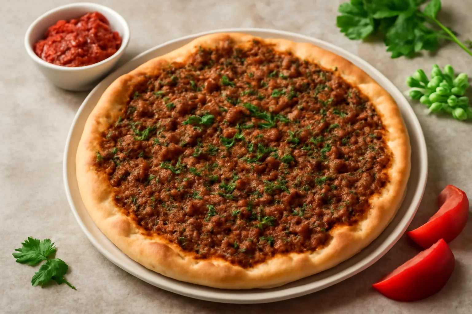 Lahmacun pizza turceasca cu carne tocata de vita si legume