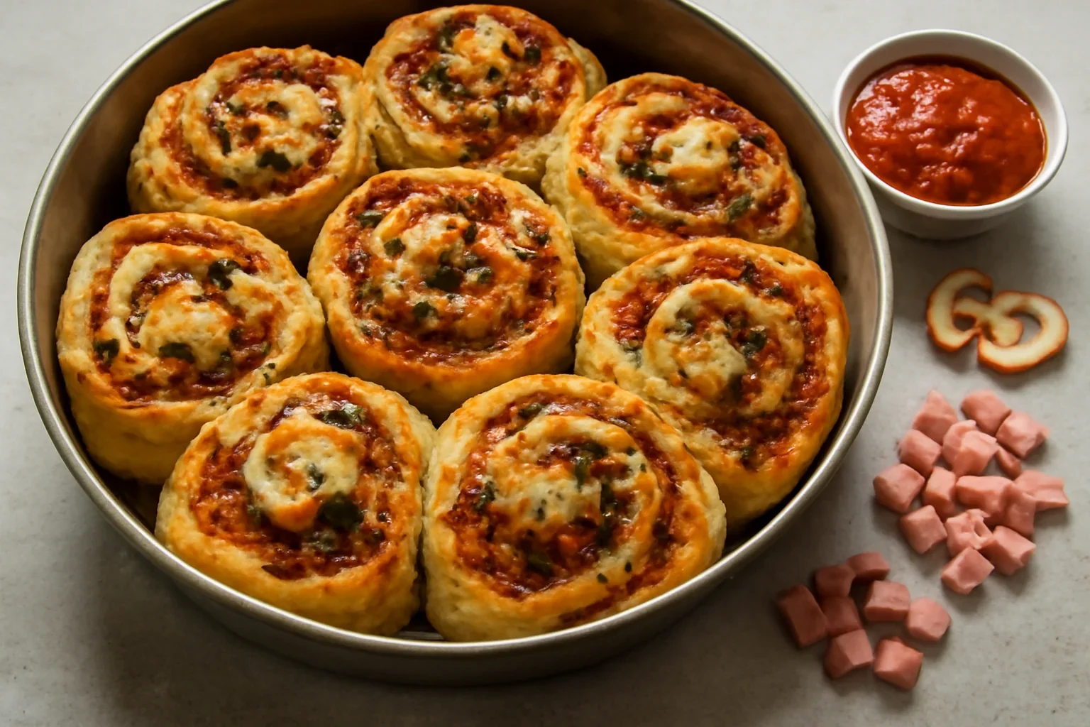 Pizza melcișori cu șuncă, brânză și sos aromat de roșii