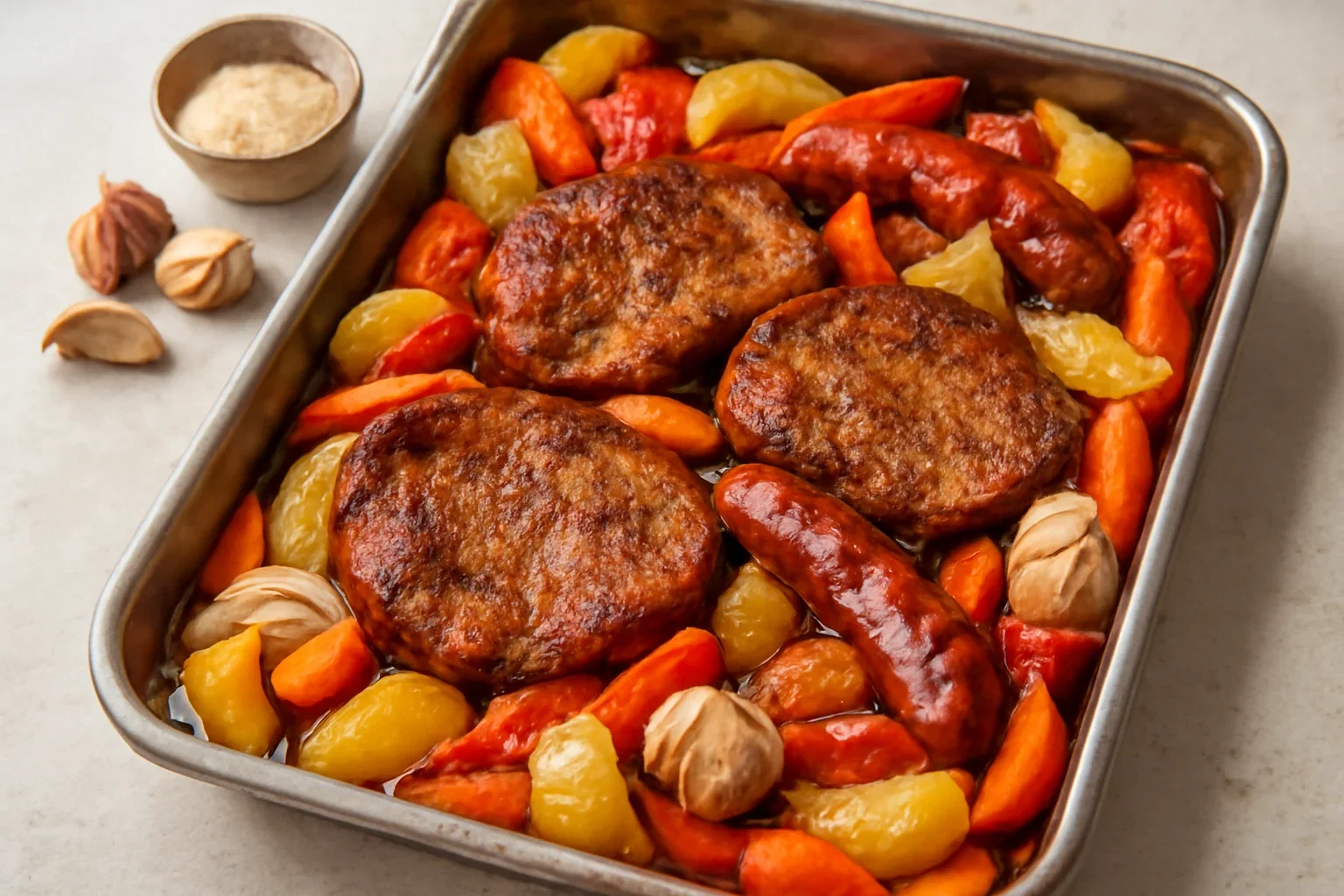 Friptură de porc felii cu legume și cârnați la cuptor – ceafă la tavă – foarte fragedă!