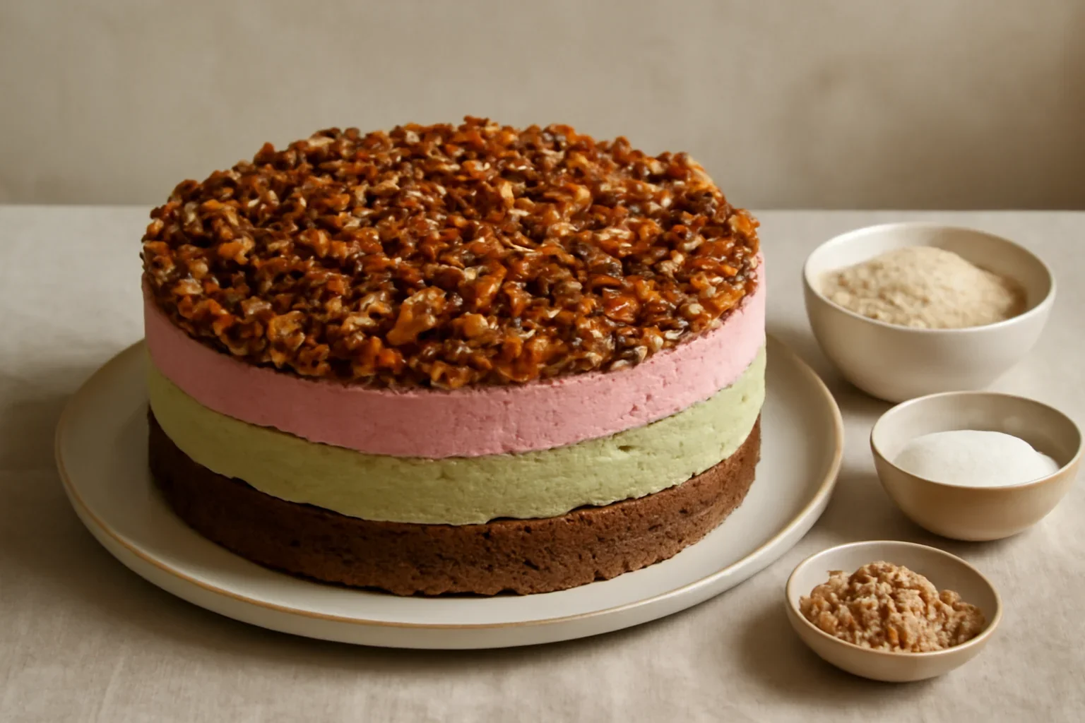 Tort Cranț (Kranz) cu nuci caramelizate și 3 tipuri de cremă colorată natural: roz, verde și de cacao