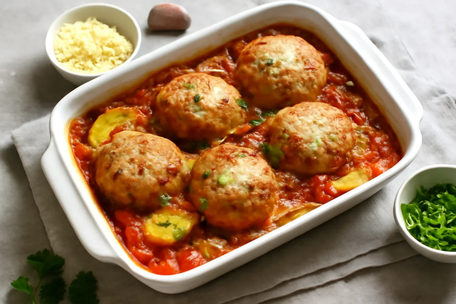 Chiftele gratinate, cu cartofi și sos de roșii cu legume