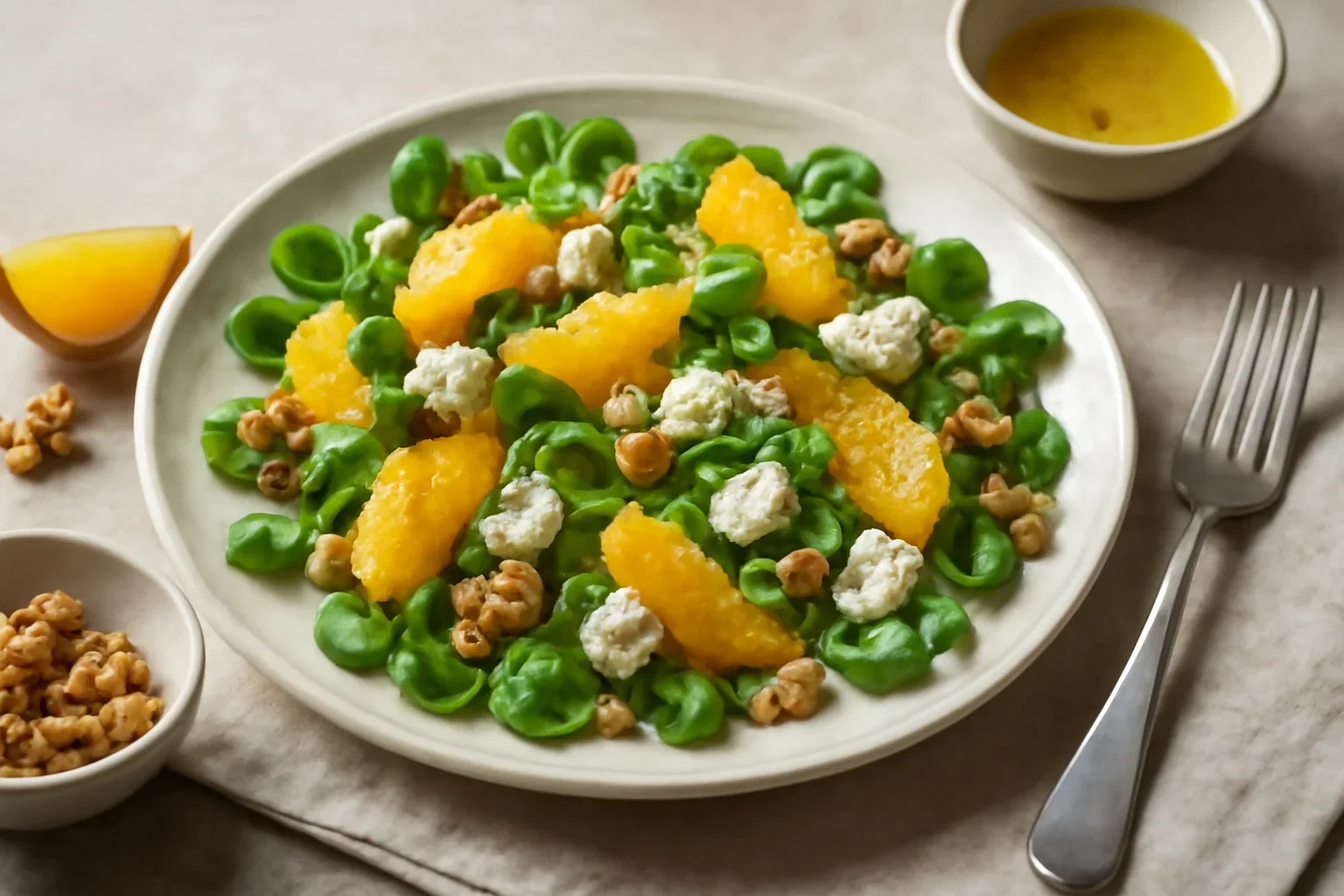 Salata valerianella cu portocale, branza albastra si nuca