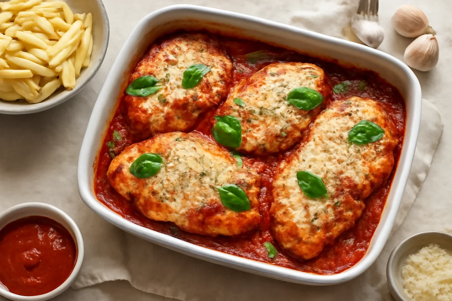 Piept de pui a la pizzaiola sau parmigiana cu sos de roșii, mozzarella și parmezan – gratinat la cuptor