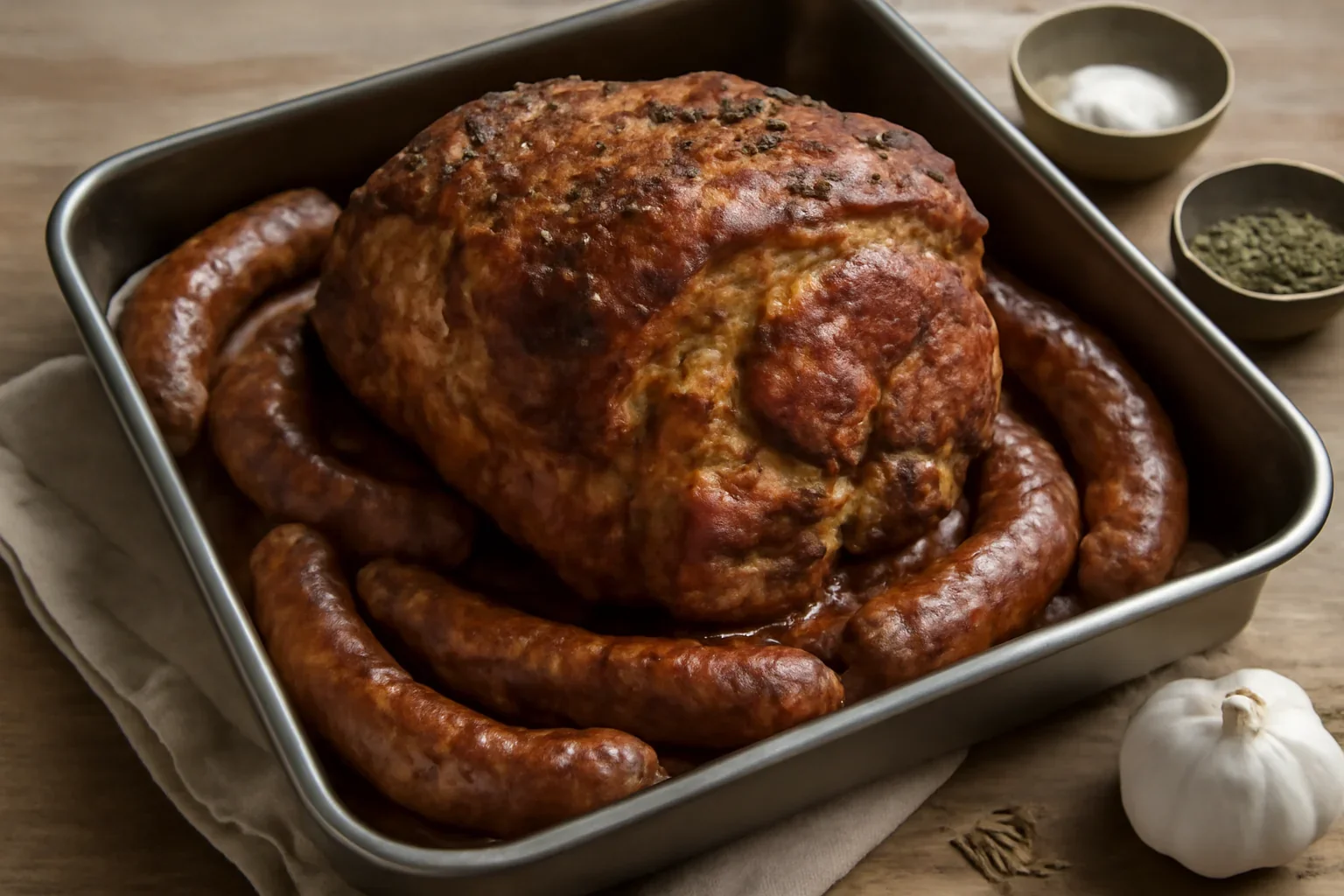 Friptura de porc la tava cu carnati de casa