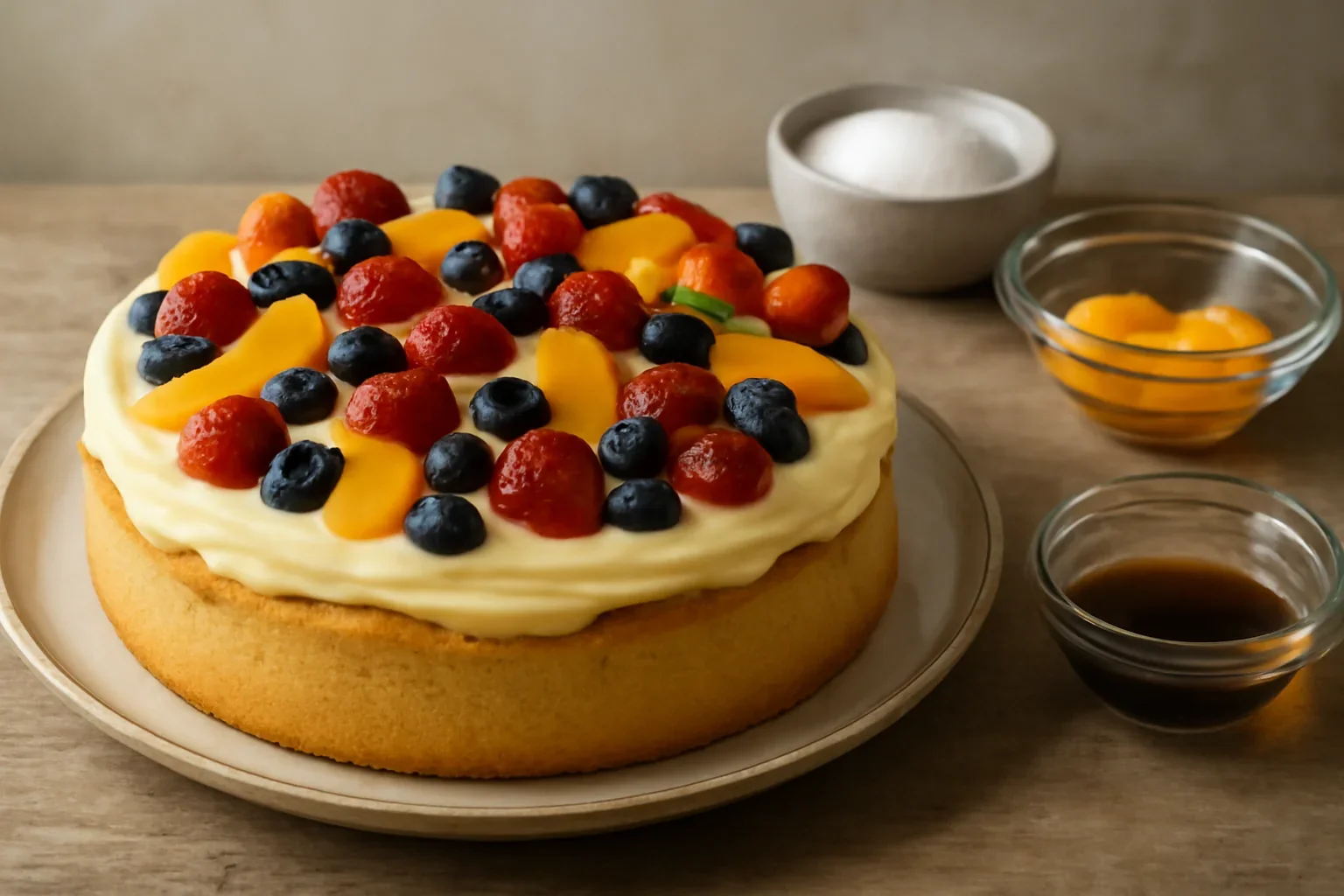 Tort cu fructe si crema de vanilie, reteta simpla, de familie
