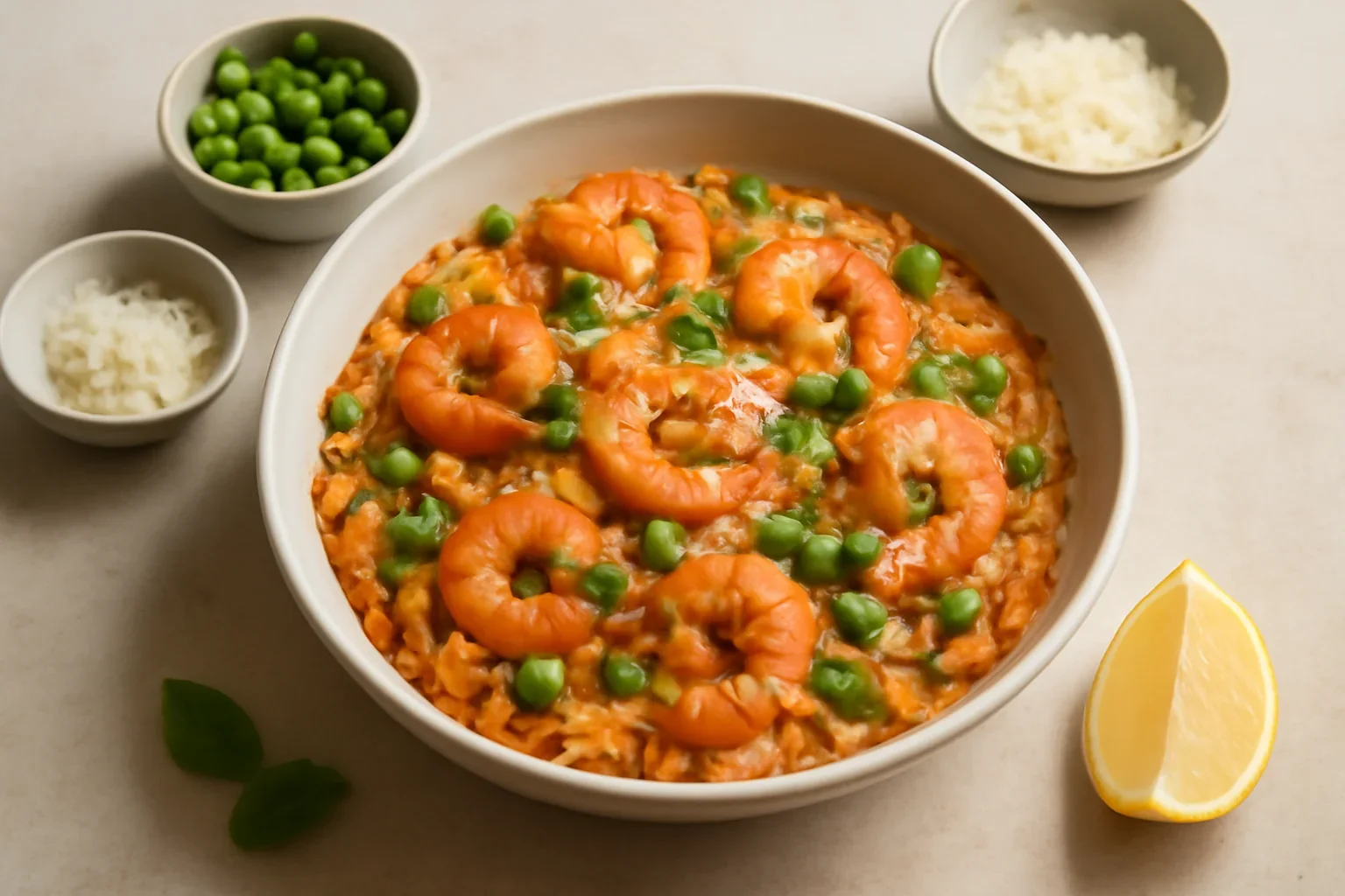 Rizoto din paste orzo cu creveți și mazăre