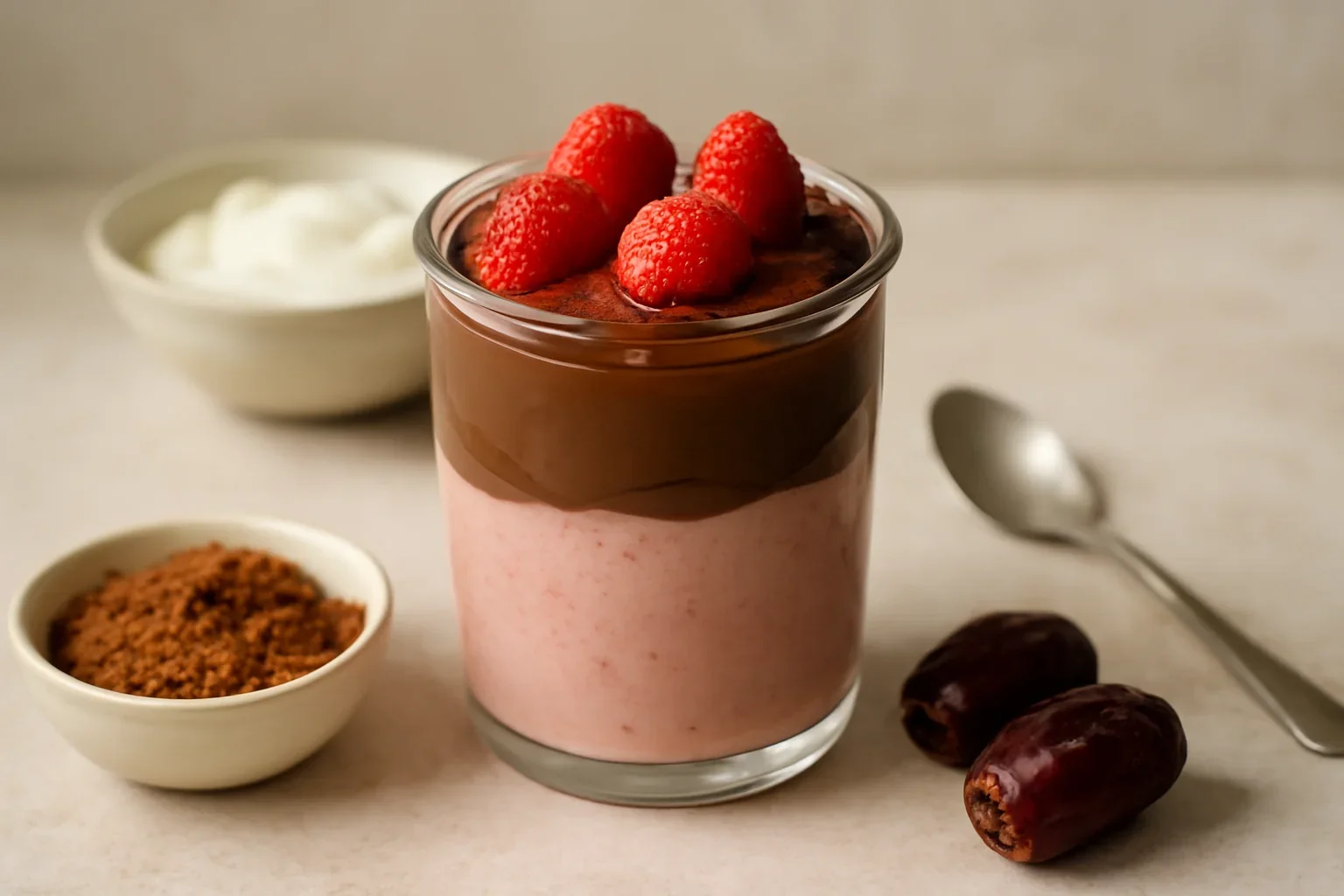 Parfait de căpșuni și cacao cu curmale