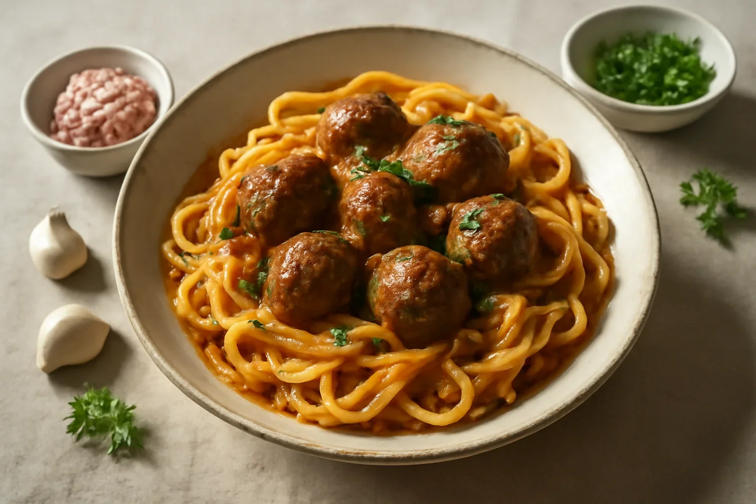 Tagliatelle cu sos și chifteluțe