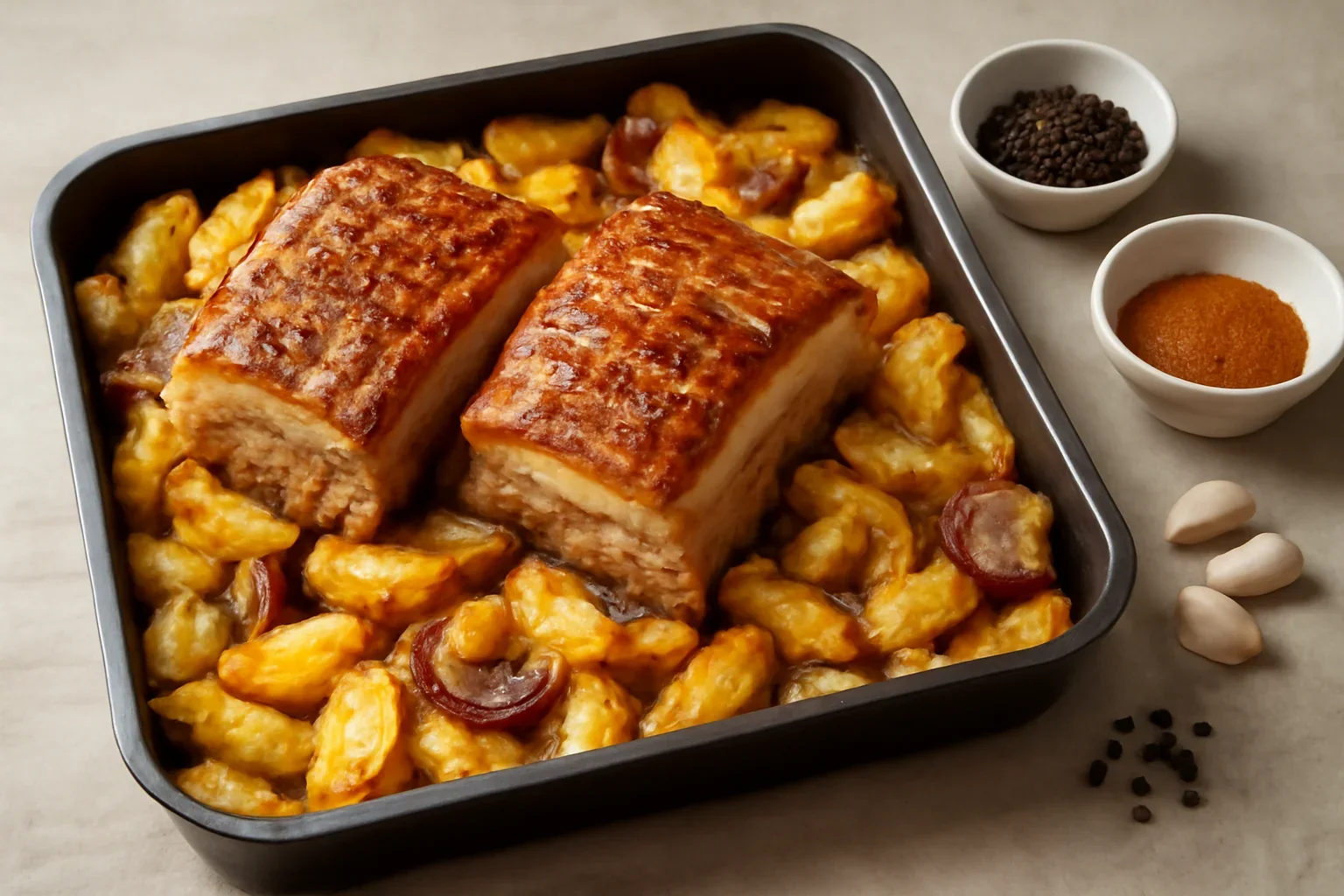 Friptura de porc la tava pe pat de cartofi