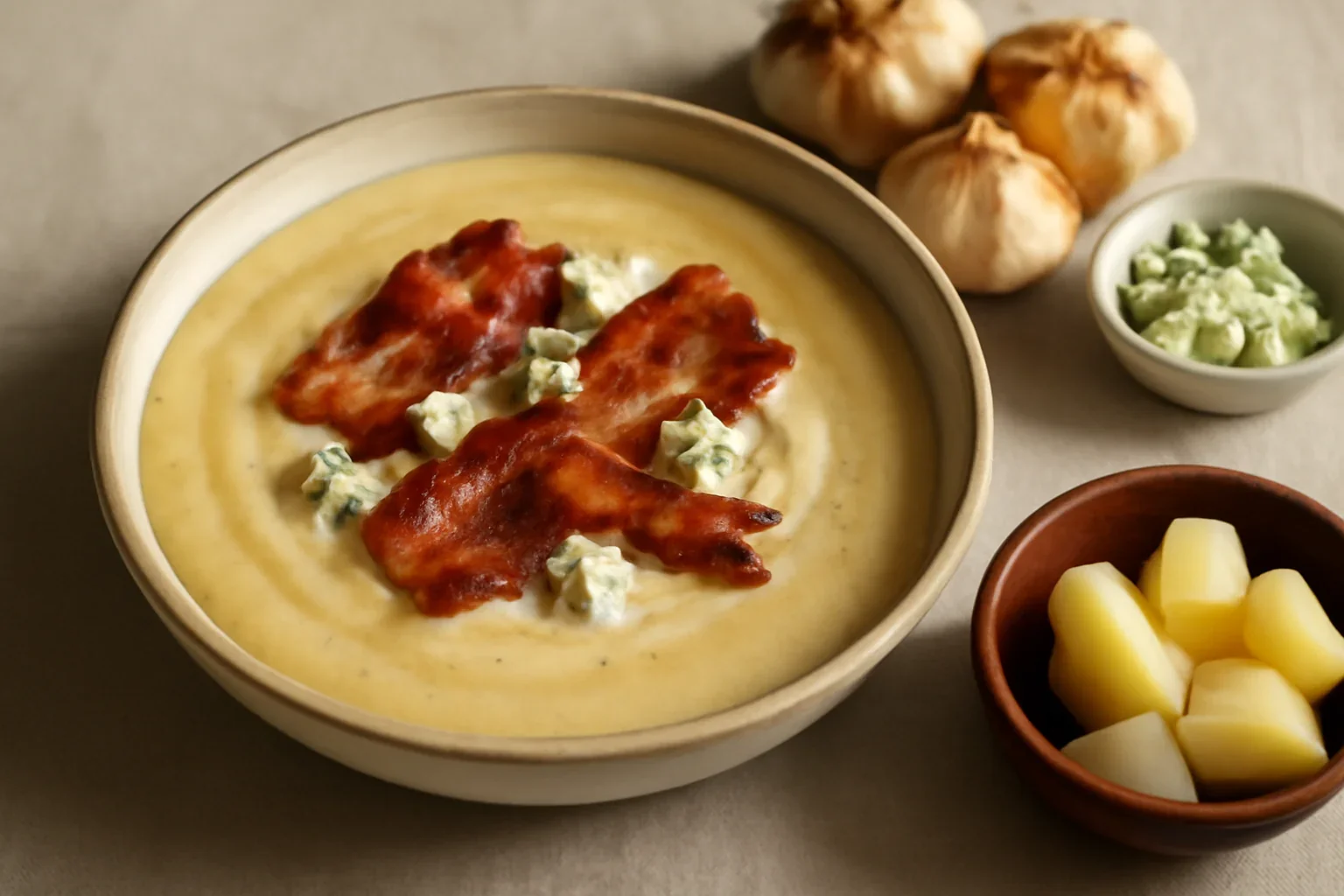 Supă cremă de usturoi copt (caramelizat) cu smântână și chips din bacon crocant