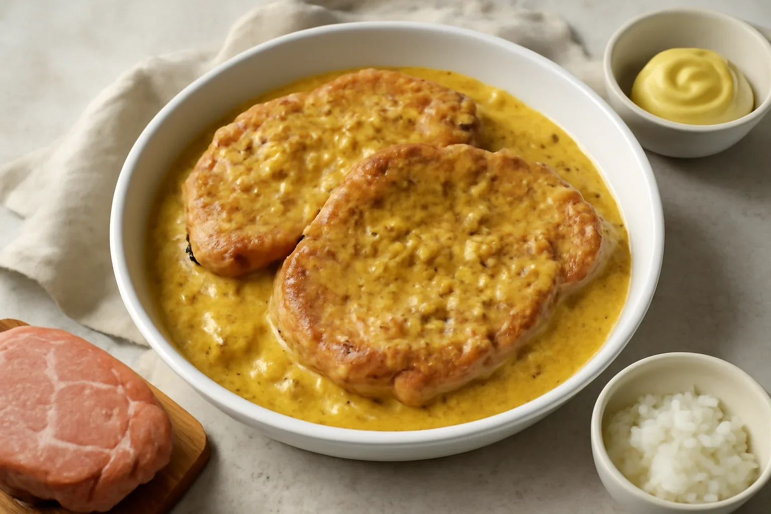 Friptură înăbușită de porc – cu ceapă și muștar