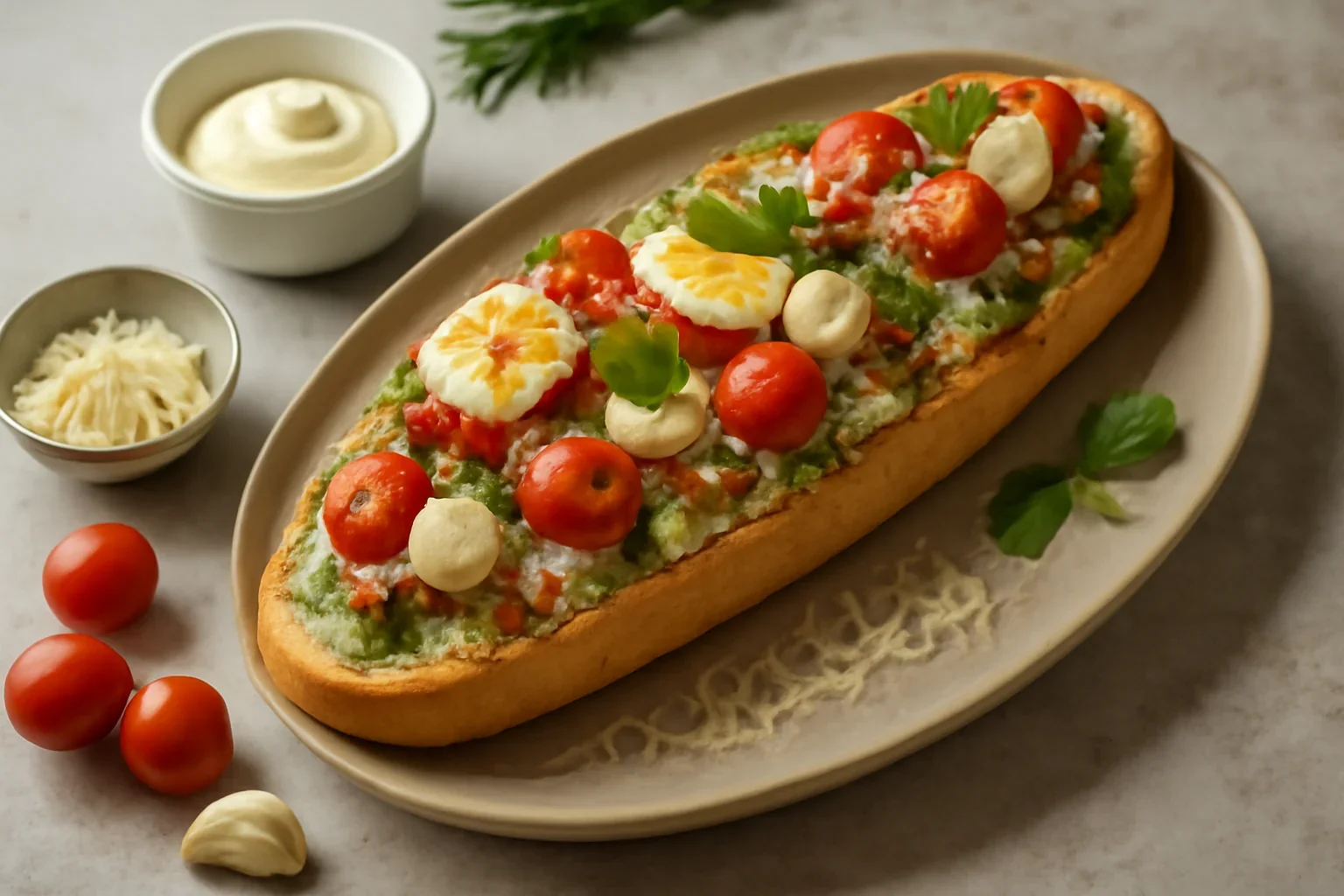 Bagheta cu rosii cherry, avocado si mozzarella