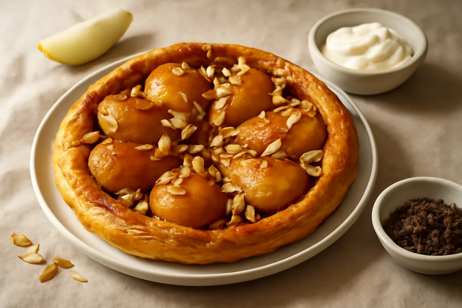 Tarta rasturnata cu pere caramelizate, migdale si aluat foietaj