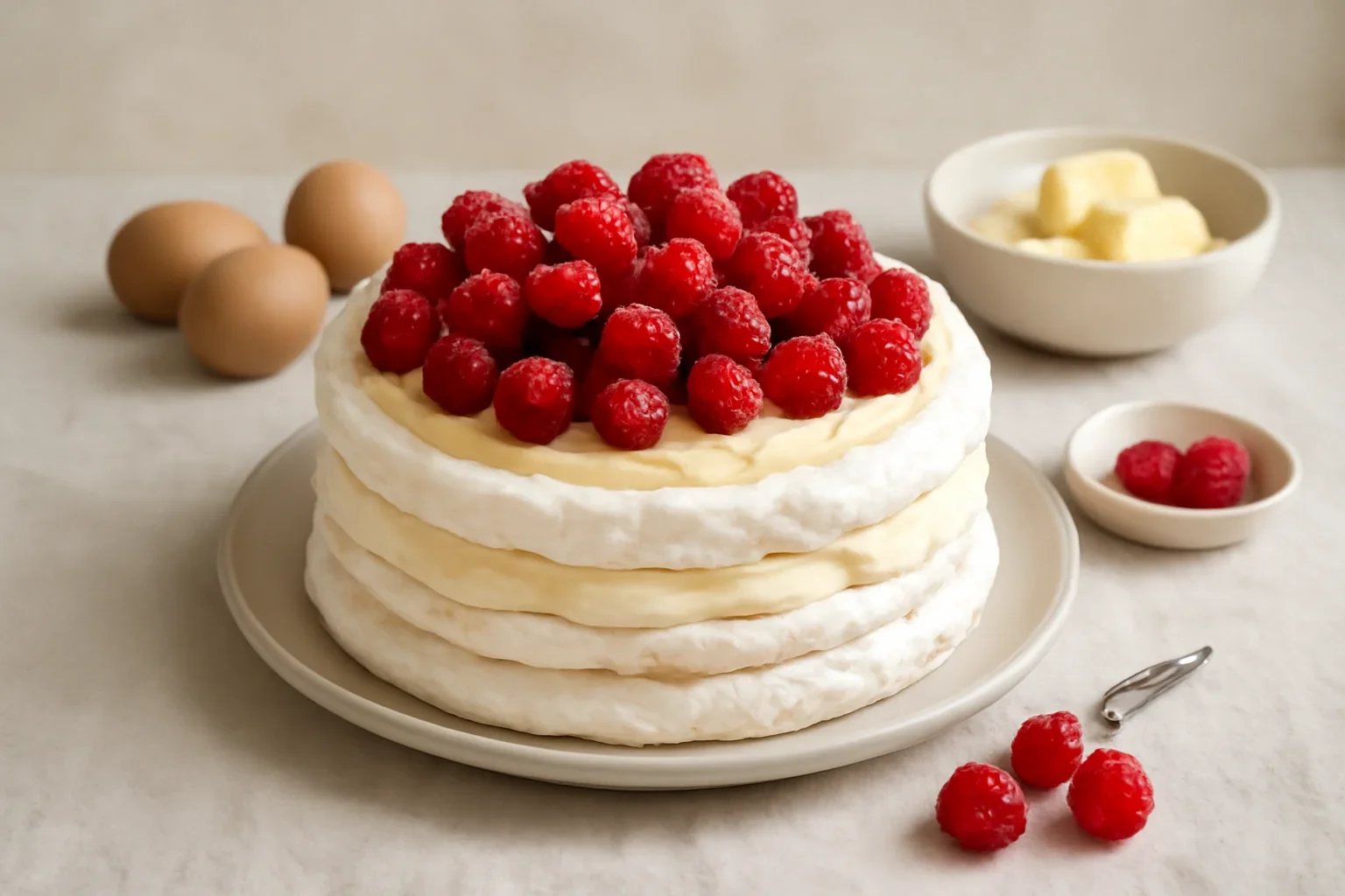 Tort de bezea cu zmeura si crema de vanilie