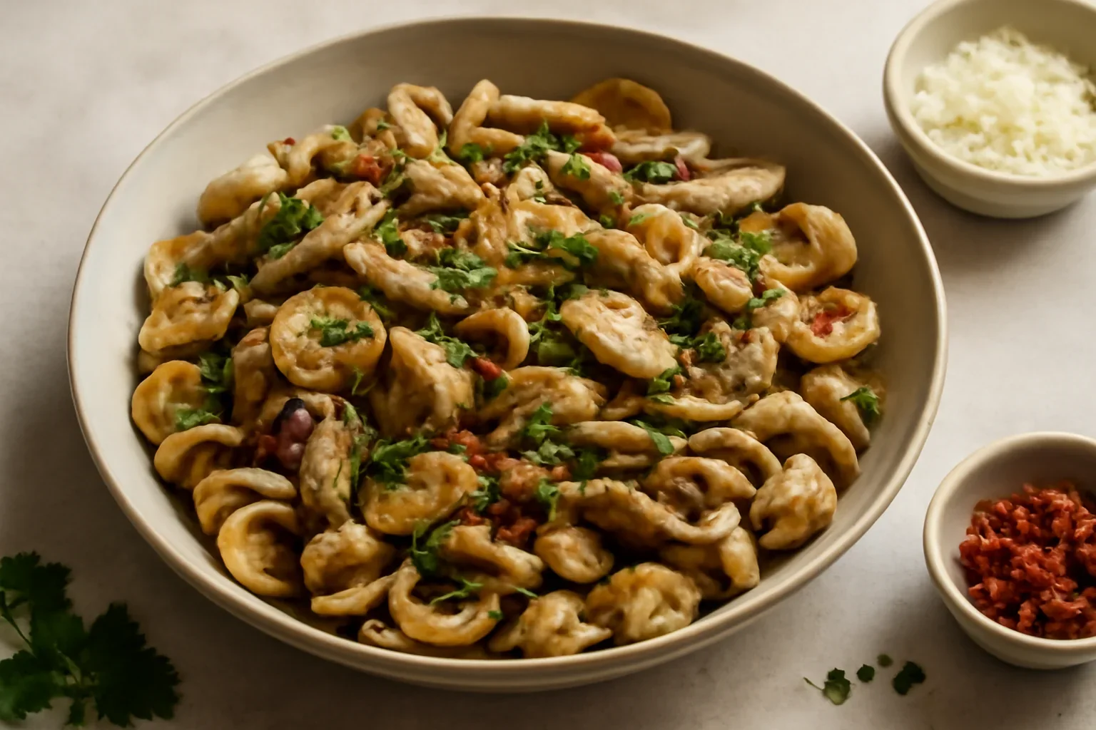 Paste cu piept de pui, ciuperci pleurotus, usturoi, parmezan si rosii uscate (orecchiette cu pui)
