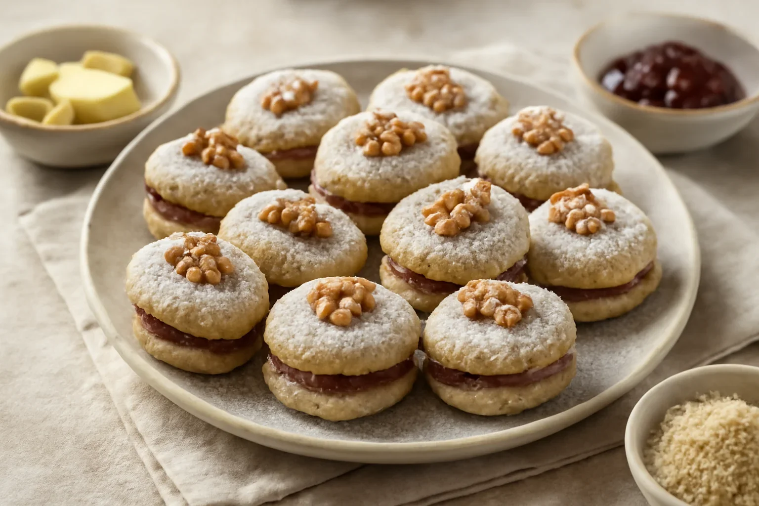 Biscuiti aromati cu nuca umpluti cu gem si martipan