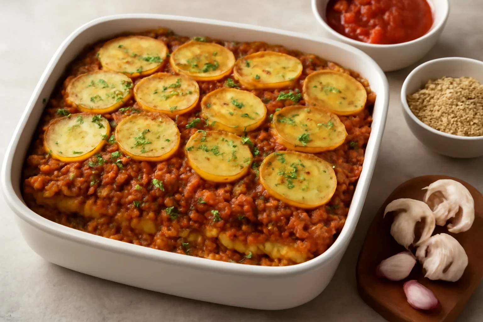 Musaca de post cu cartofi, ciuperci rumenite și sos de roșii – rețeta vegană cu soia granule