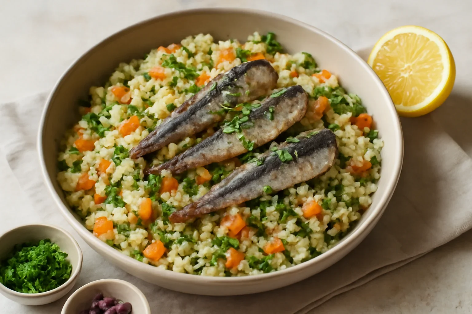 Salată cu sardine în ulei de măsline – cu bulgur sau cous-cous